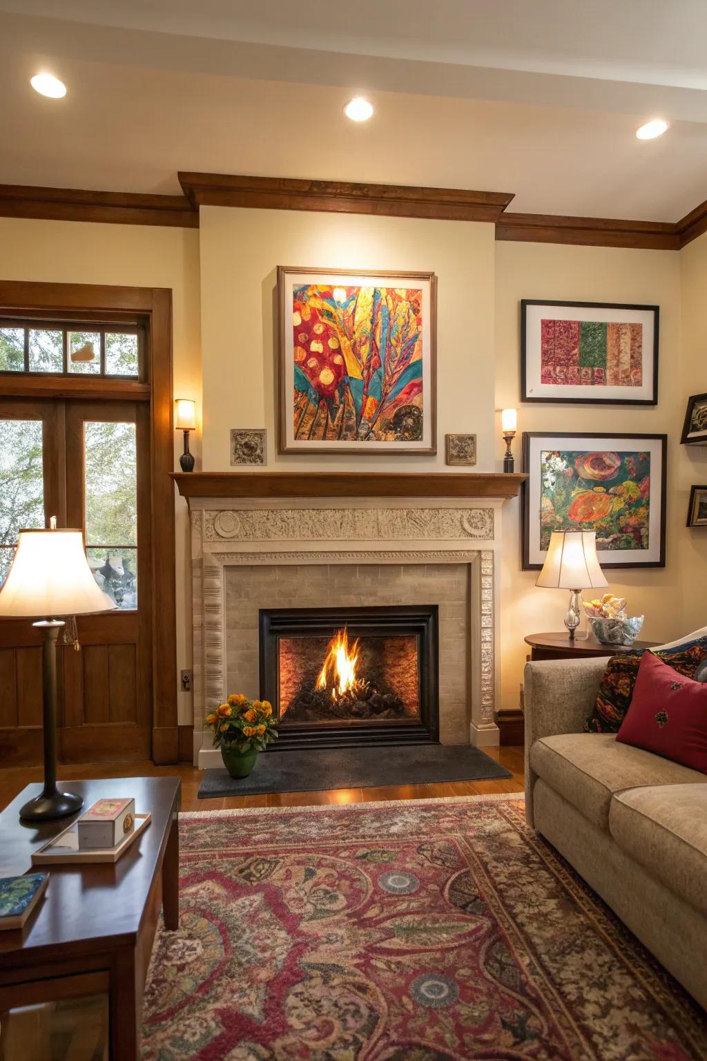 A living room with a fireplace alcove displaying vibrant artwork to add personal touch.