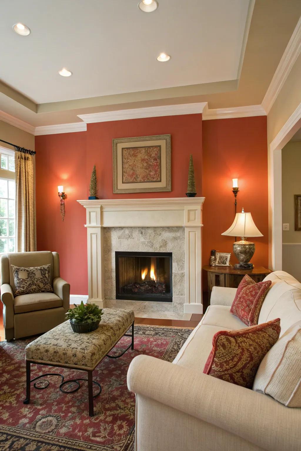 A living room with a bold accent wall framing the fireplace alcove.