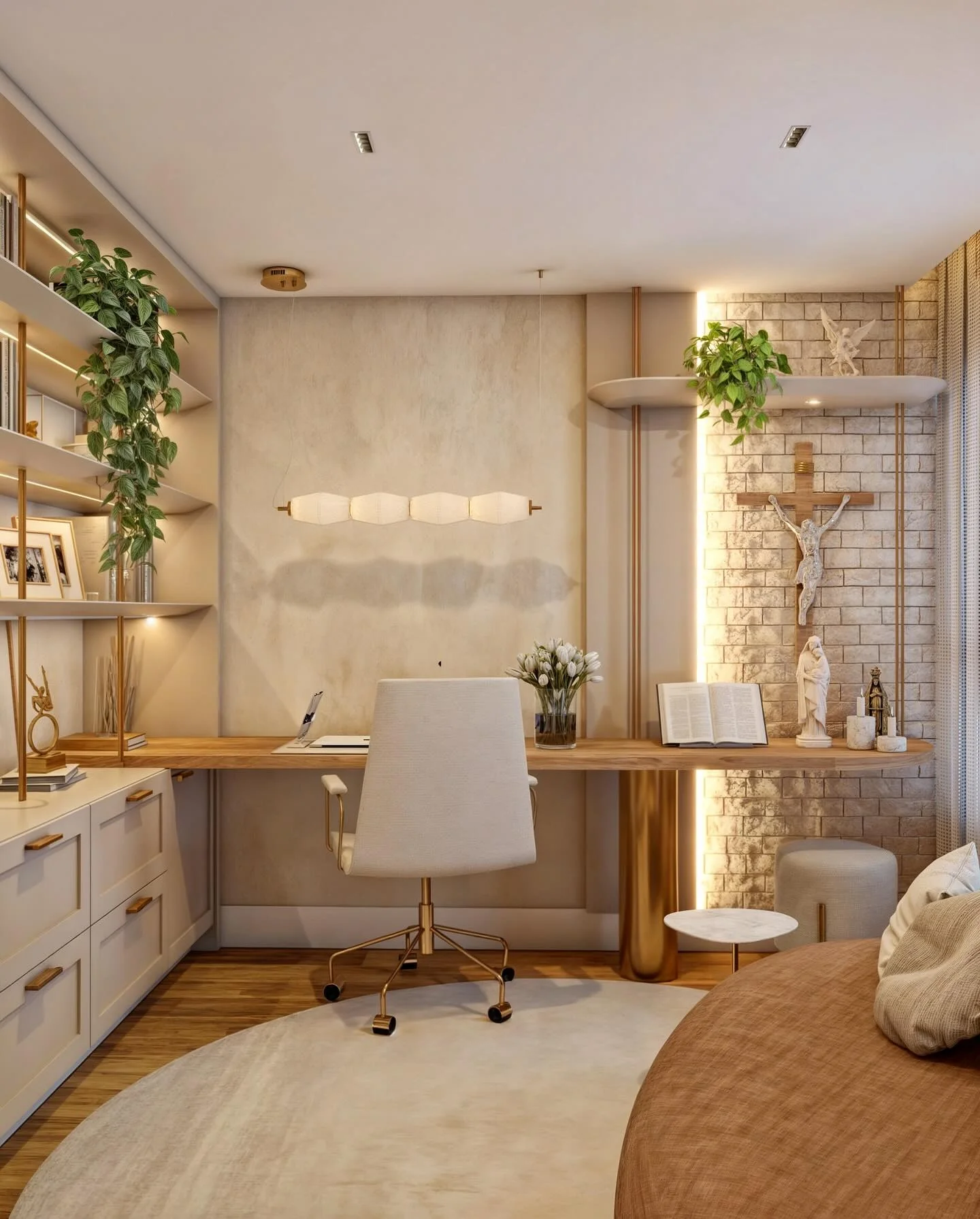 Neutral-Toned Office with Gold Accents (Minimal Office Ideas)