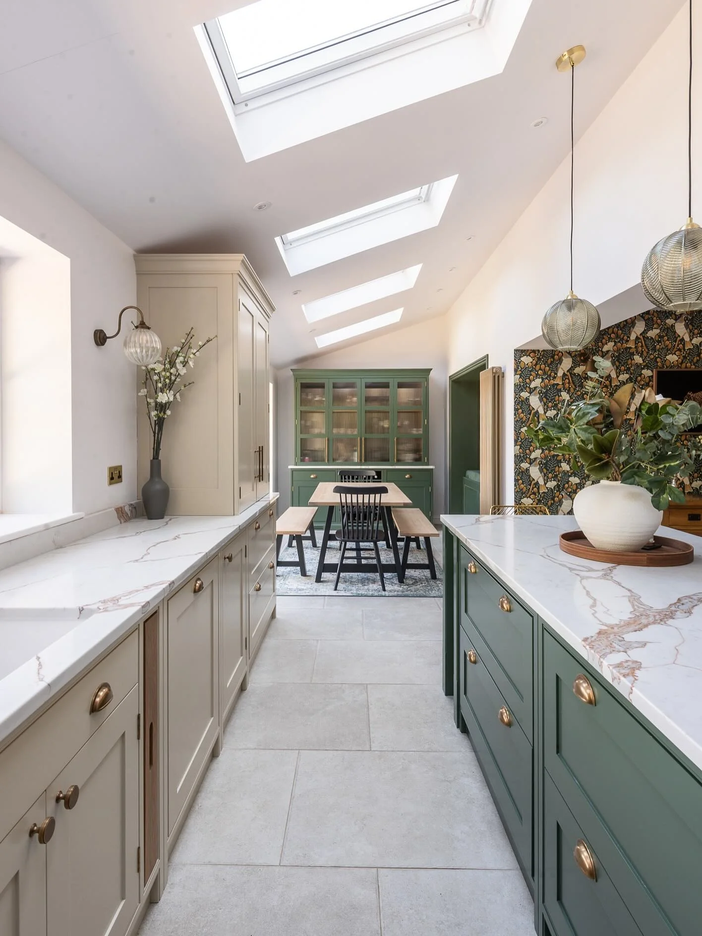 Two-Tone Galley Kitchen Illuminated by Skylights (Barndo Kitchen Ideas)