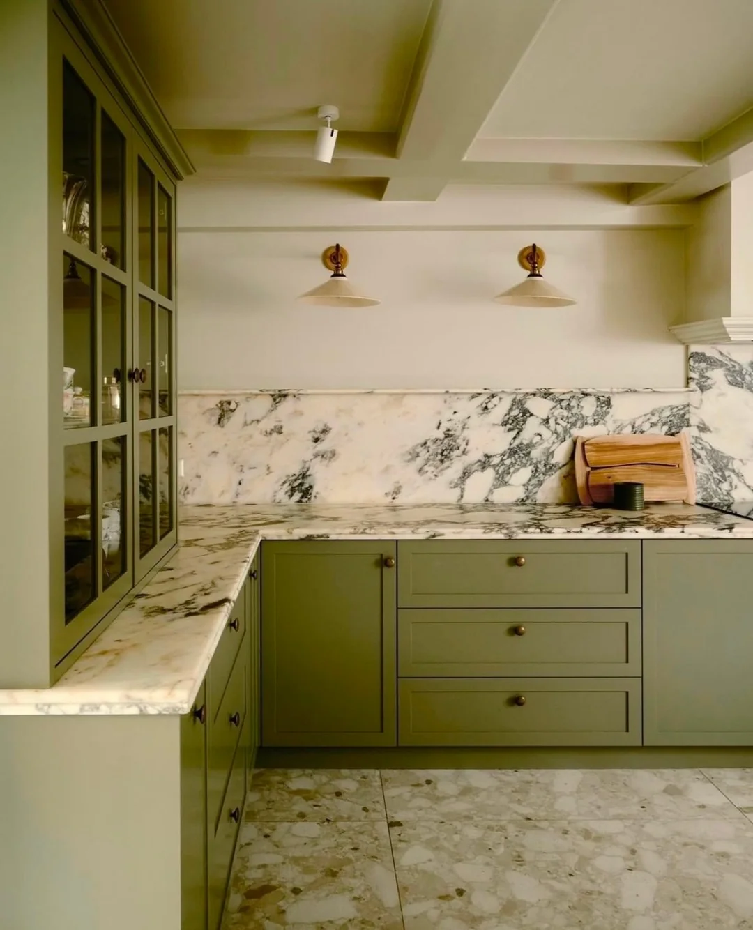 Olive Green Cabinets with Dramatic Marble Surfaces (Barndo Kitchen Ideas)