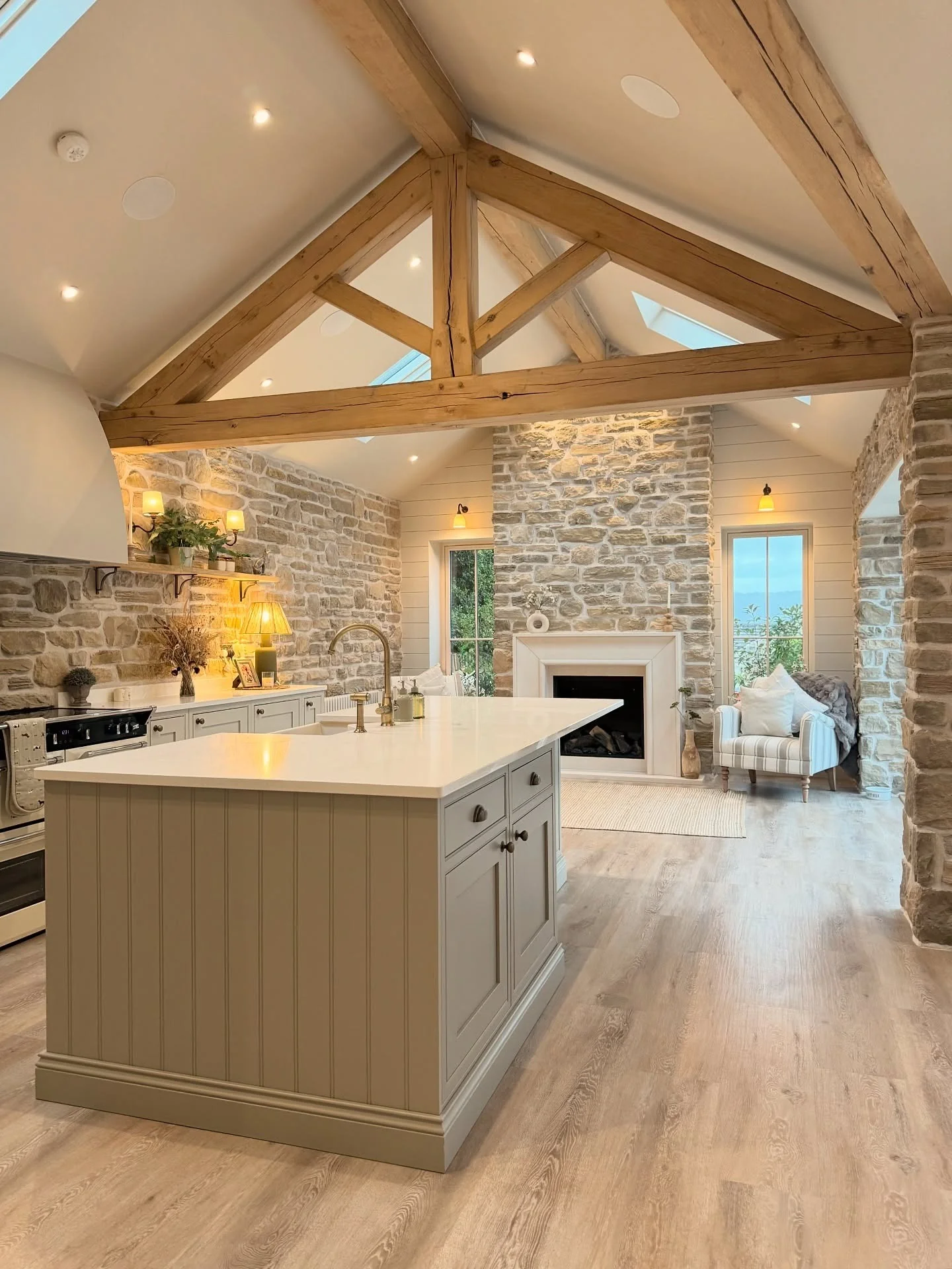 Stone and Timber Blend with Neutral Island Centerpiece (Barndo Kitchen Ideas)