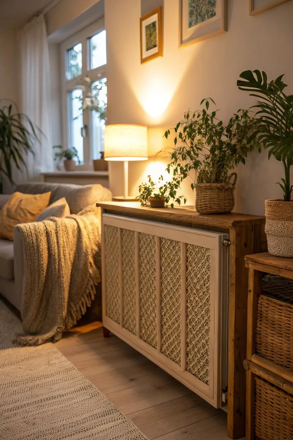 A radiator cover with inviting woven textures.