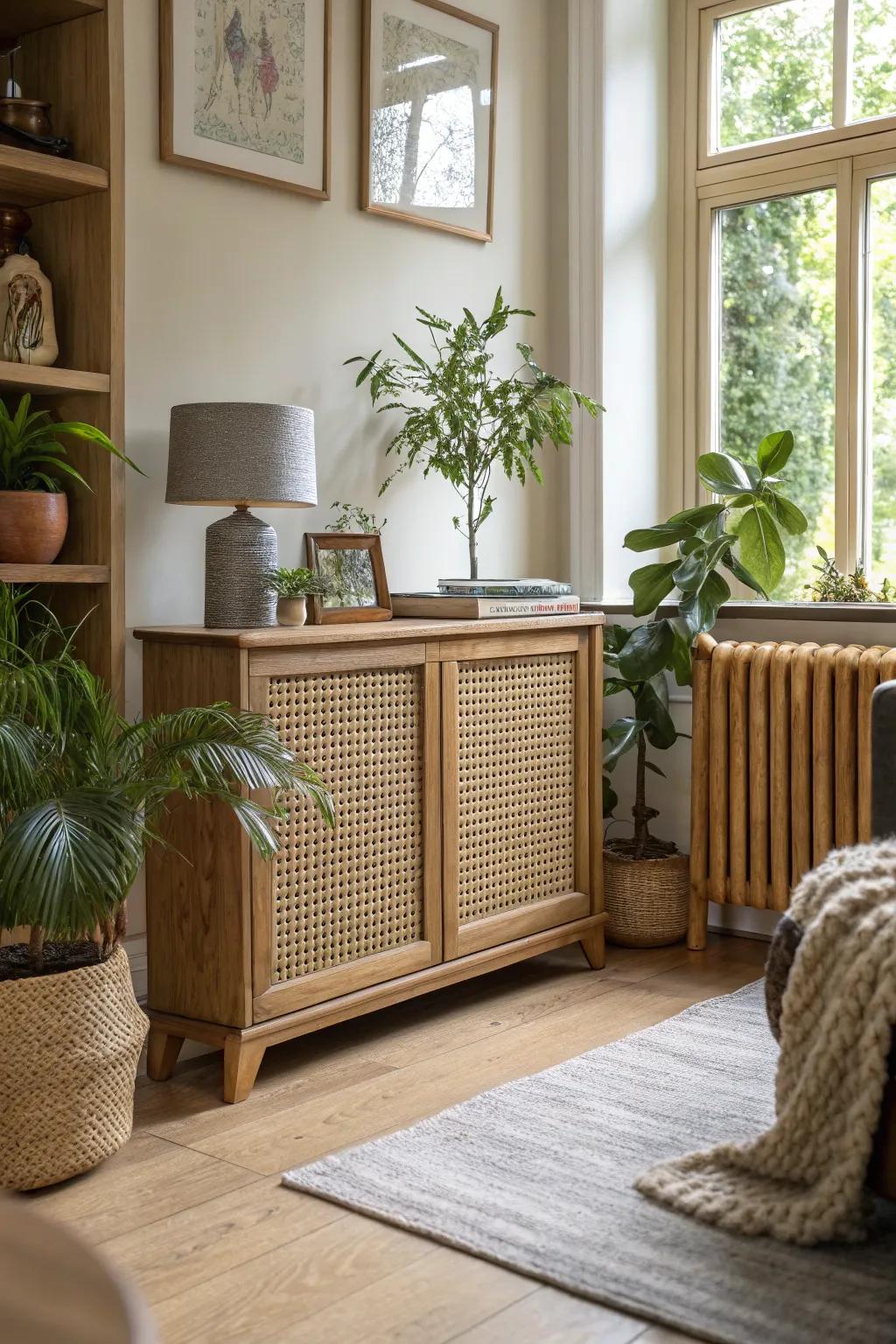 A living room with a radiator cover featuring cane webbing.