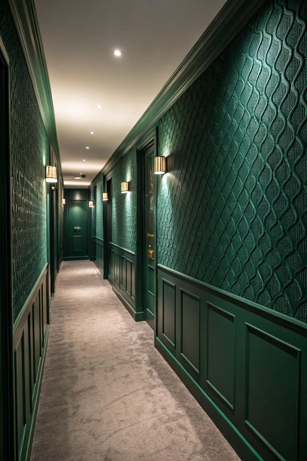 Textured walls add interest to the dark green hallway.