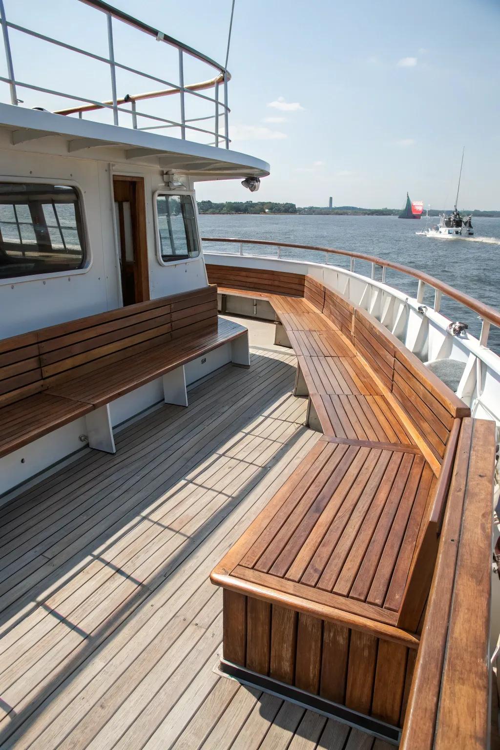 Wraparound benches with storage on a boat deck.
