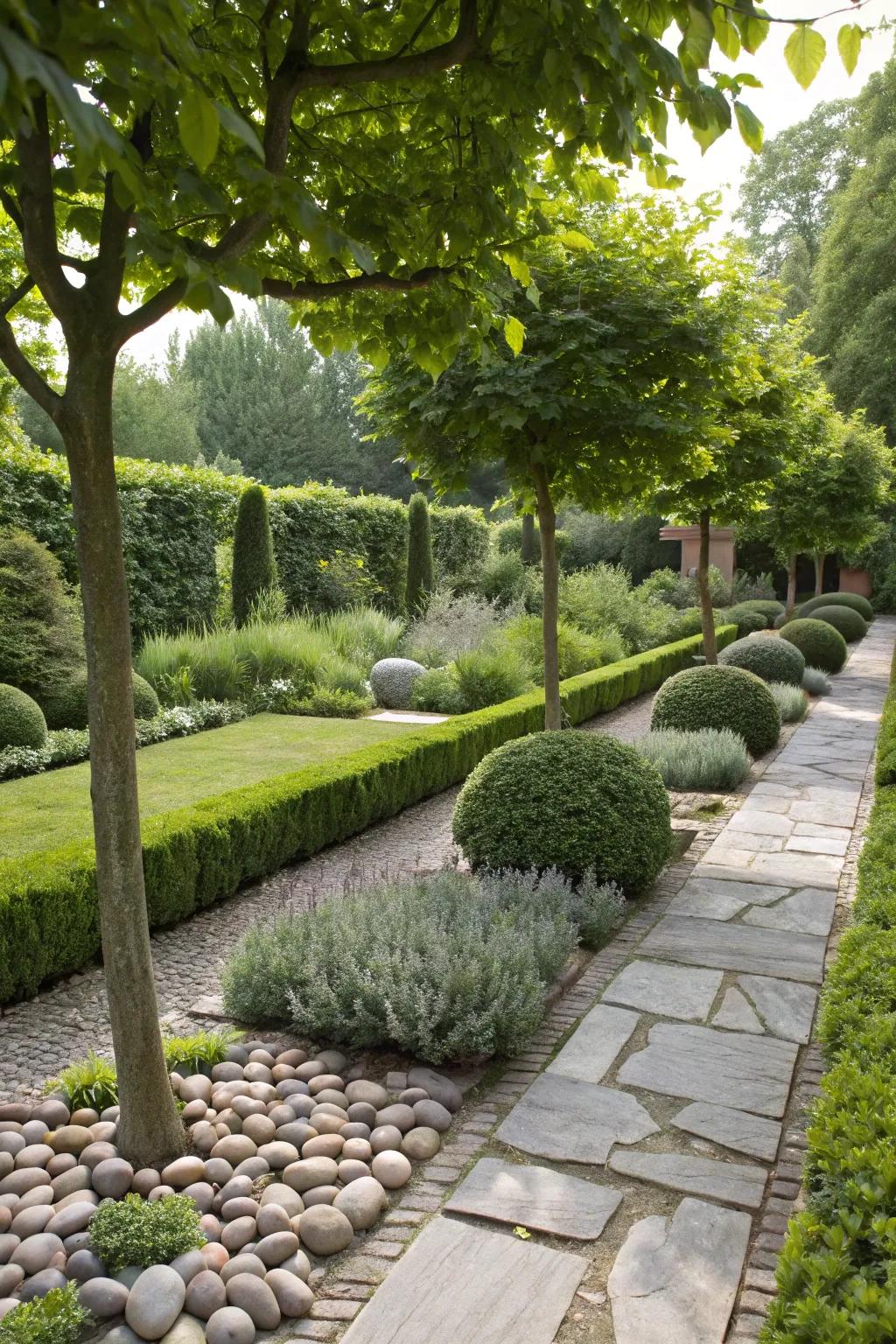 Natural stones add texture and contrast to formal gardens.