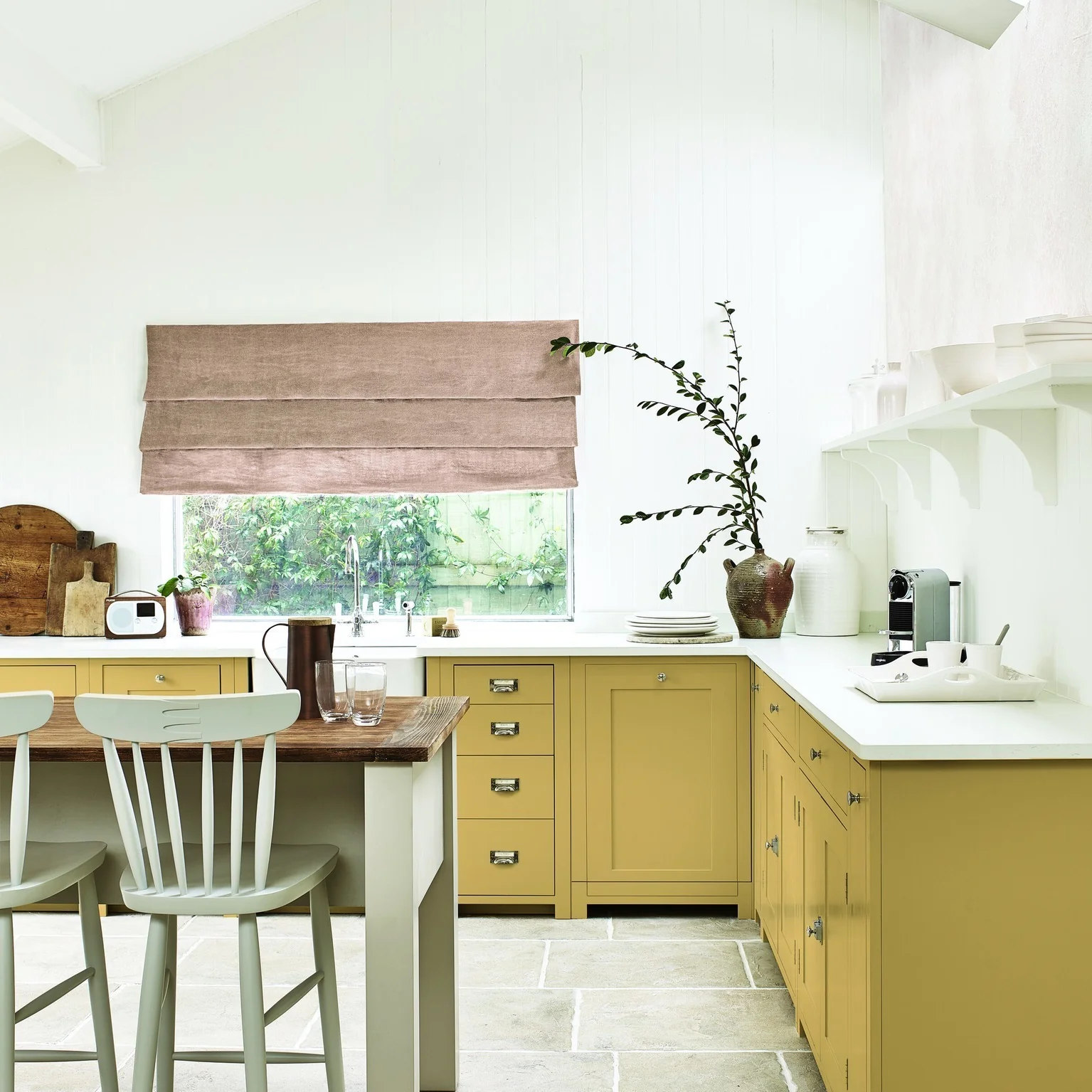 Elegant Mustard Hues with Natural Stone and Crisp Whites (Yellow Kitchen Ideas)