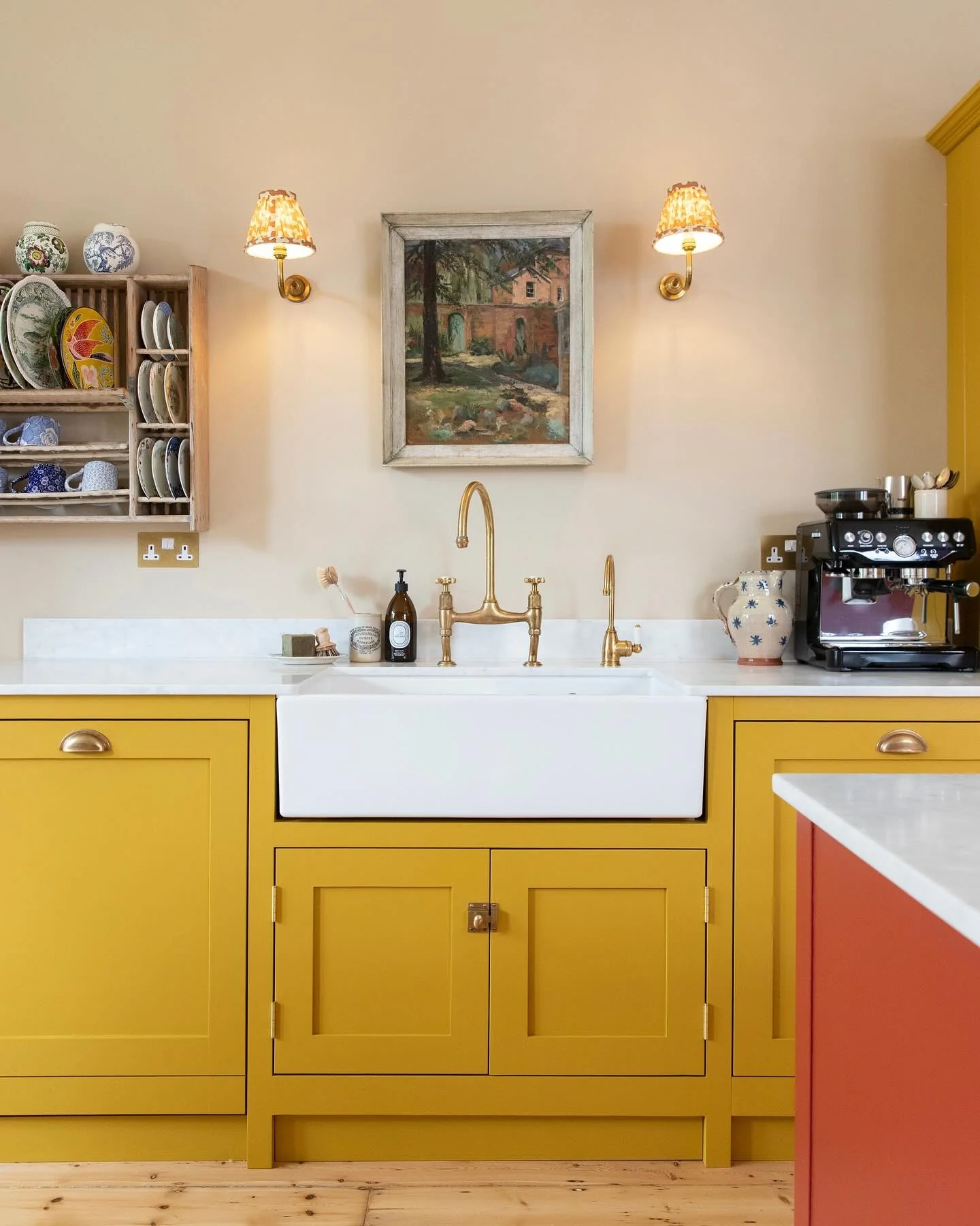 Timeless Vintage: Goldenrod Cabinets with Brass Details (Yellow Kitchen Ideas)