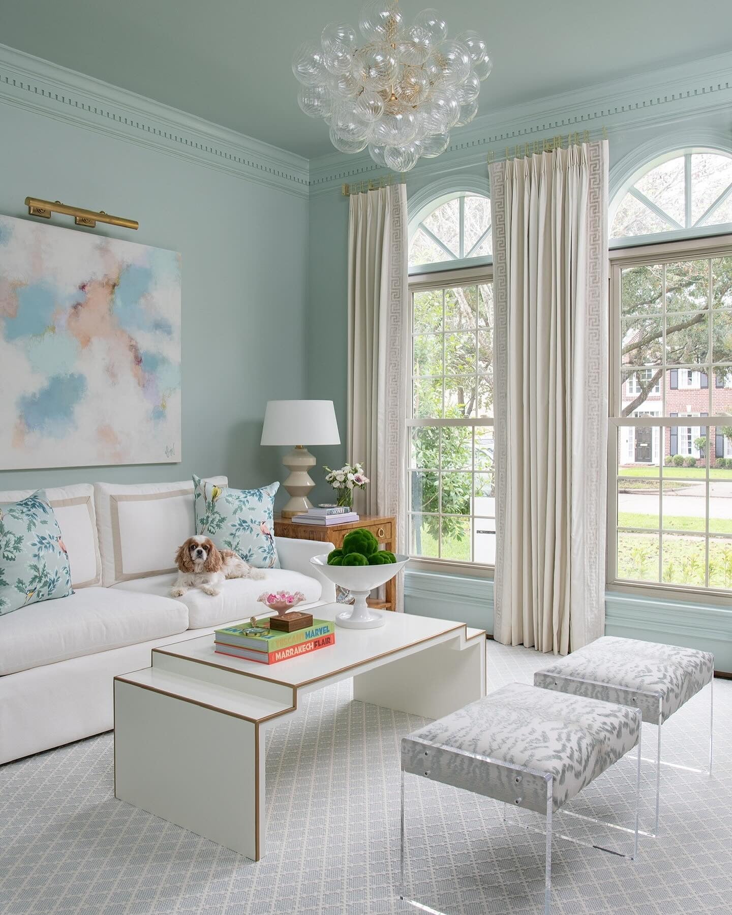 Pastel Living Room with Bubble Pendant Lighting