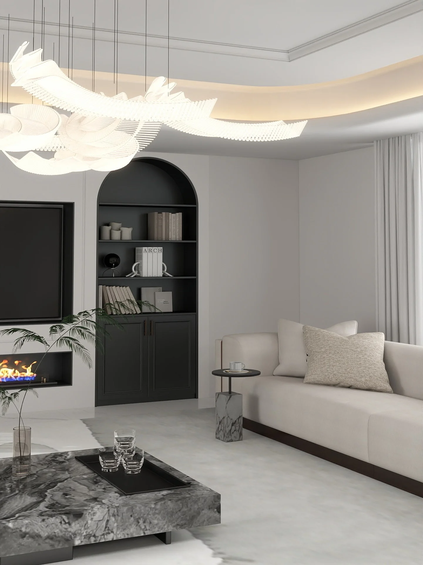 Minimalist Living Room with Sculptural LED Lighting