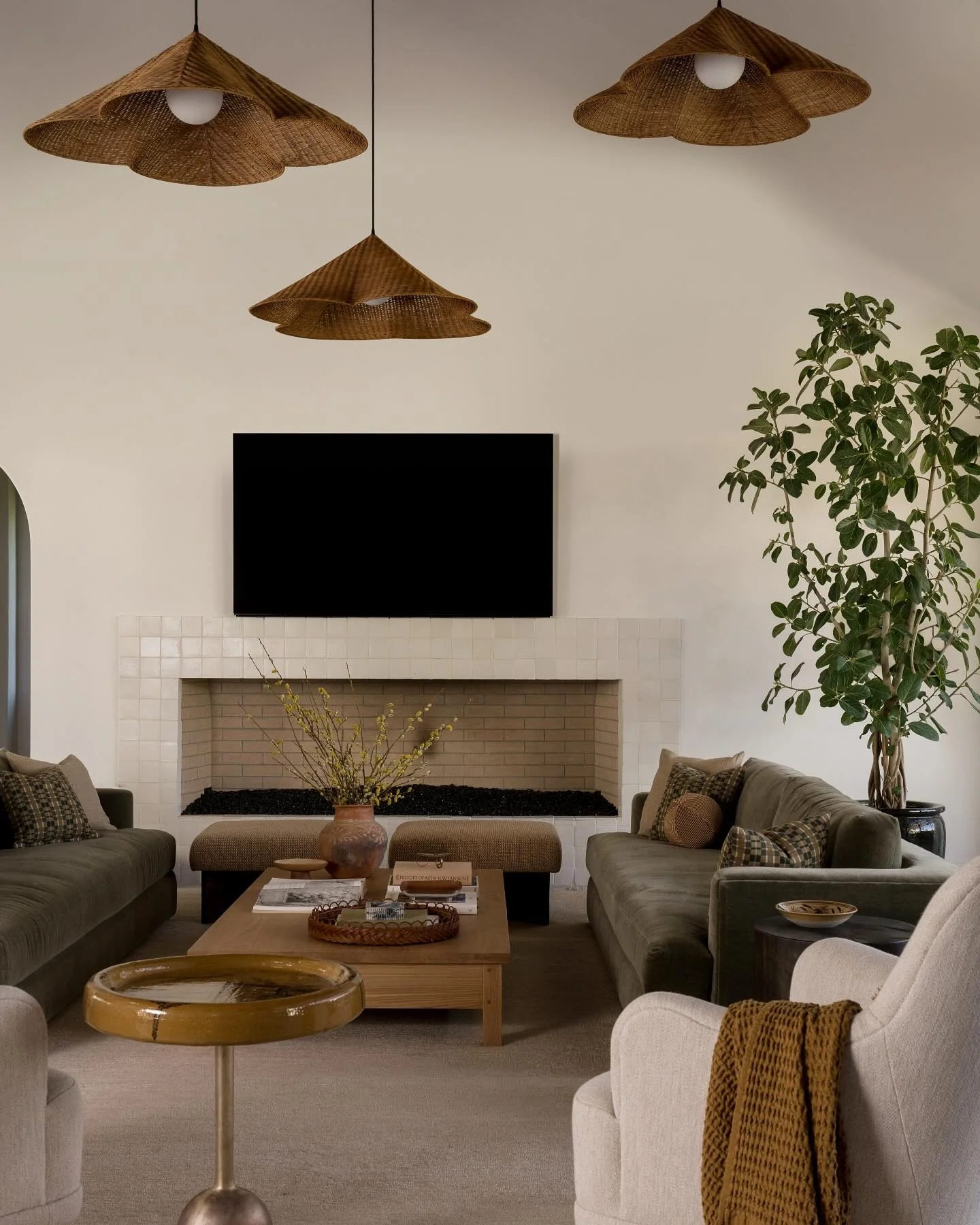 Living Room with Natural Woven Pendant Lights