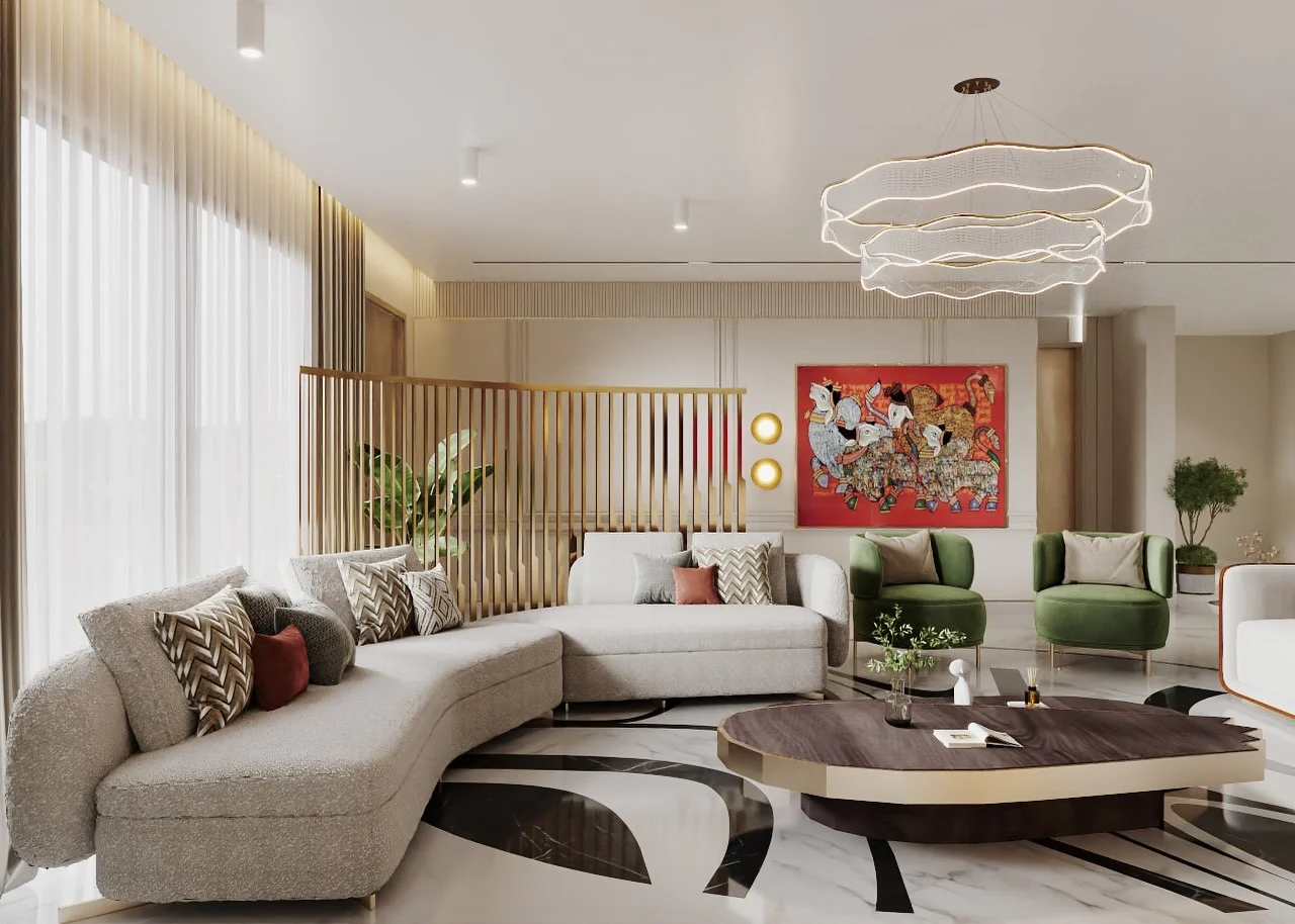 Modern Living Room with Curved Sectional and LED Lighting