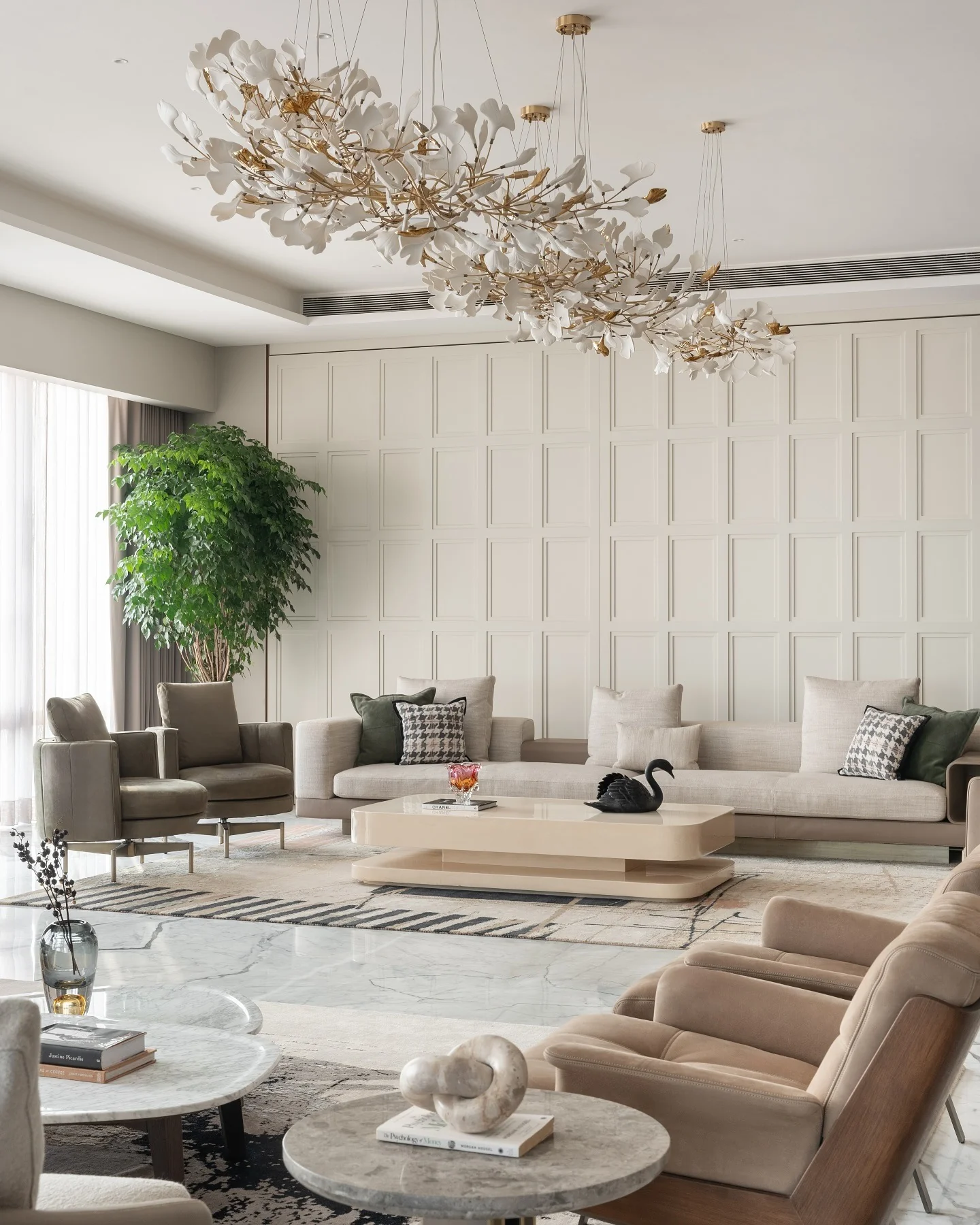 Floral-Inspired Chandeliers in Neutral Living Room