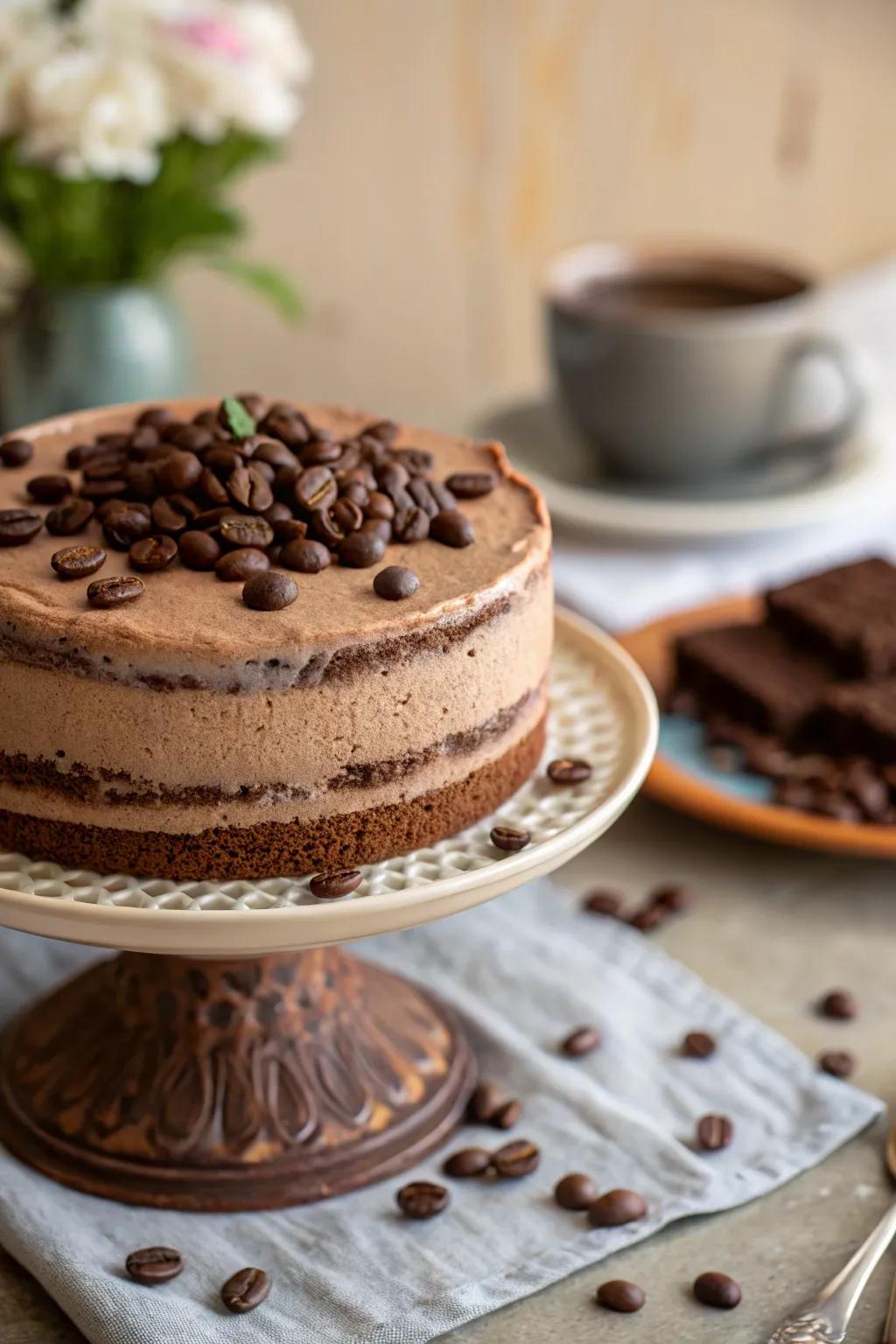 Mocha cake adorned with whole coffee beans for added texture.