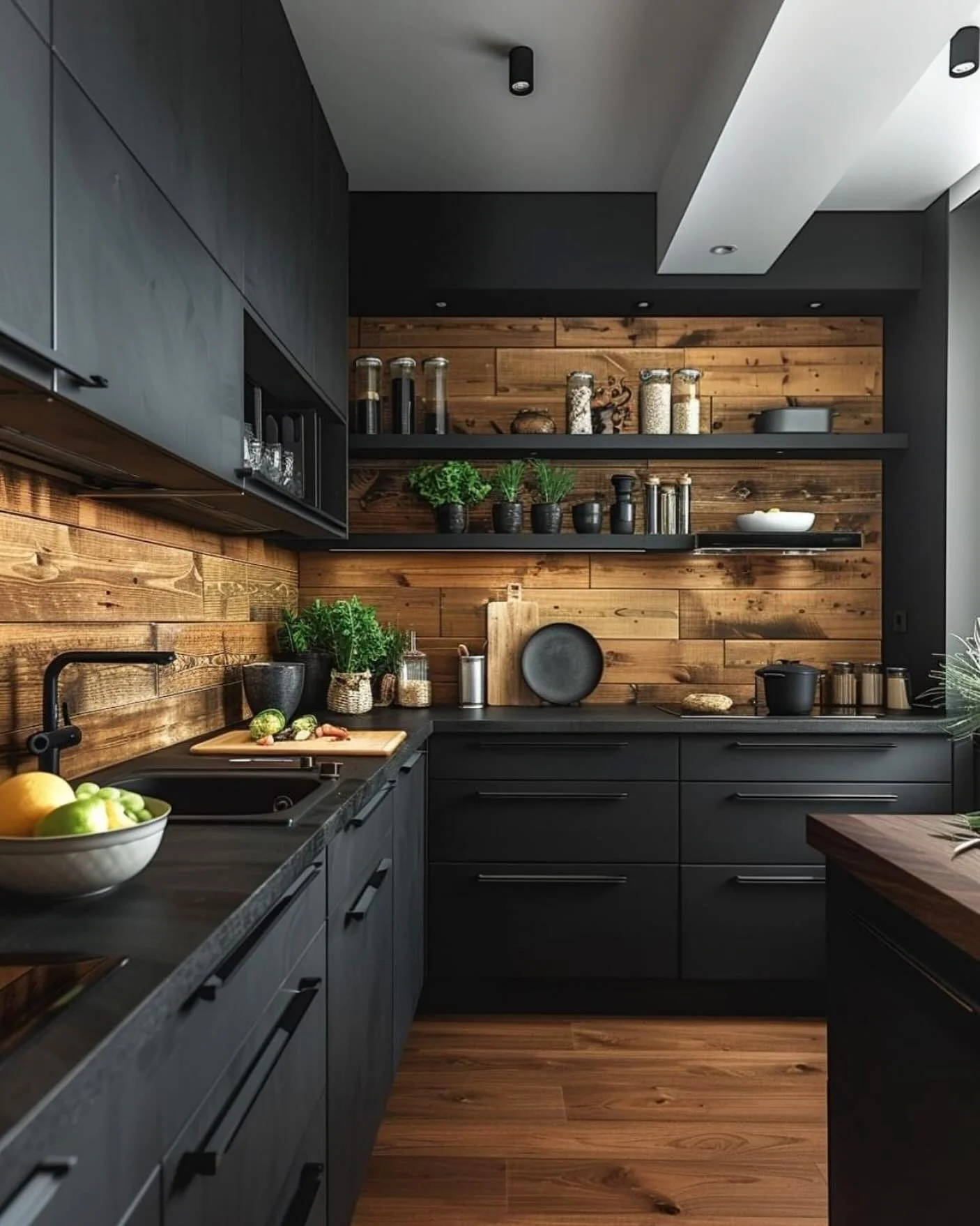 Matte Black and Reclaimed Wood Kitchen