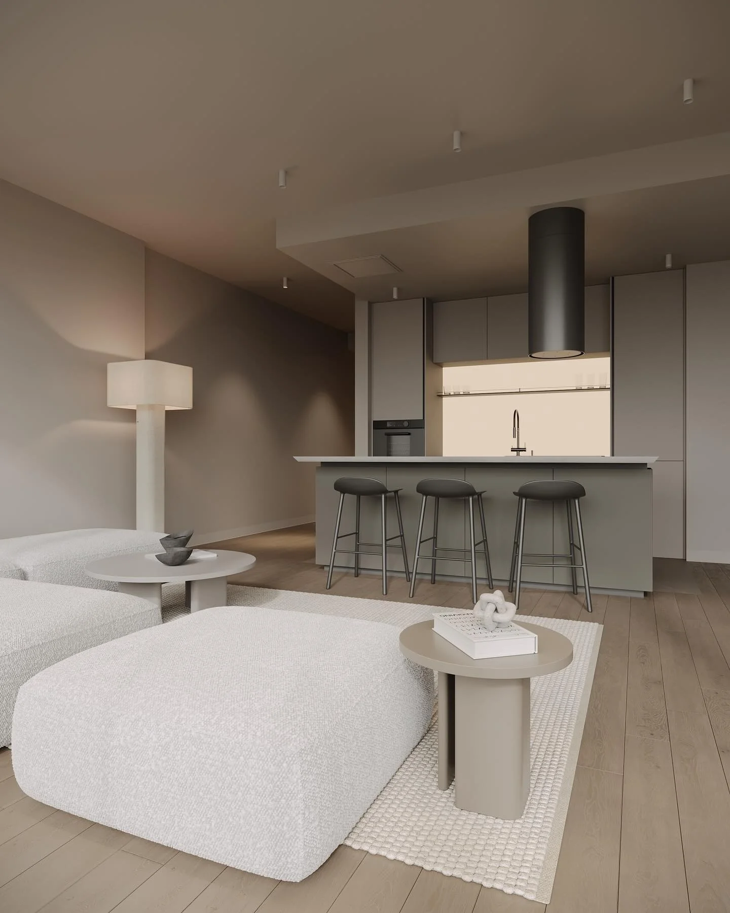 Monochrome Minimalism with a Moody Vibe (Open Kitchen Living Room Ideas)