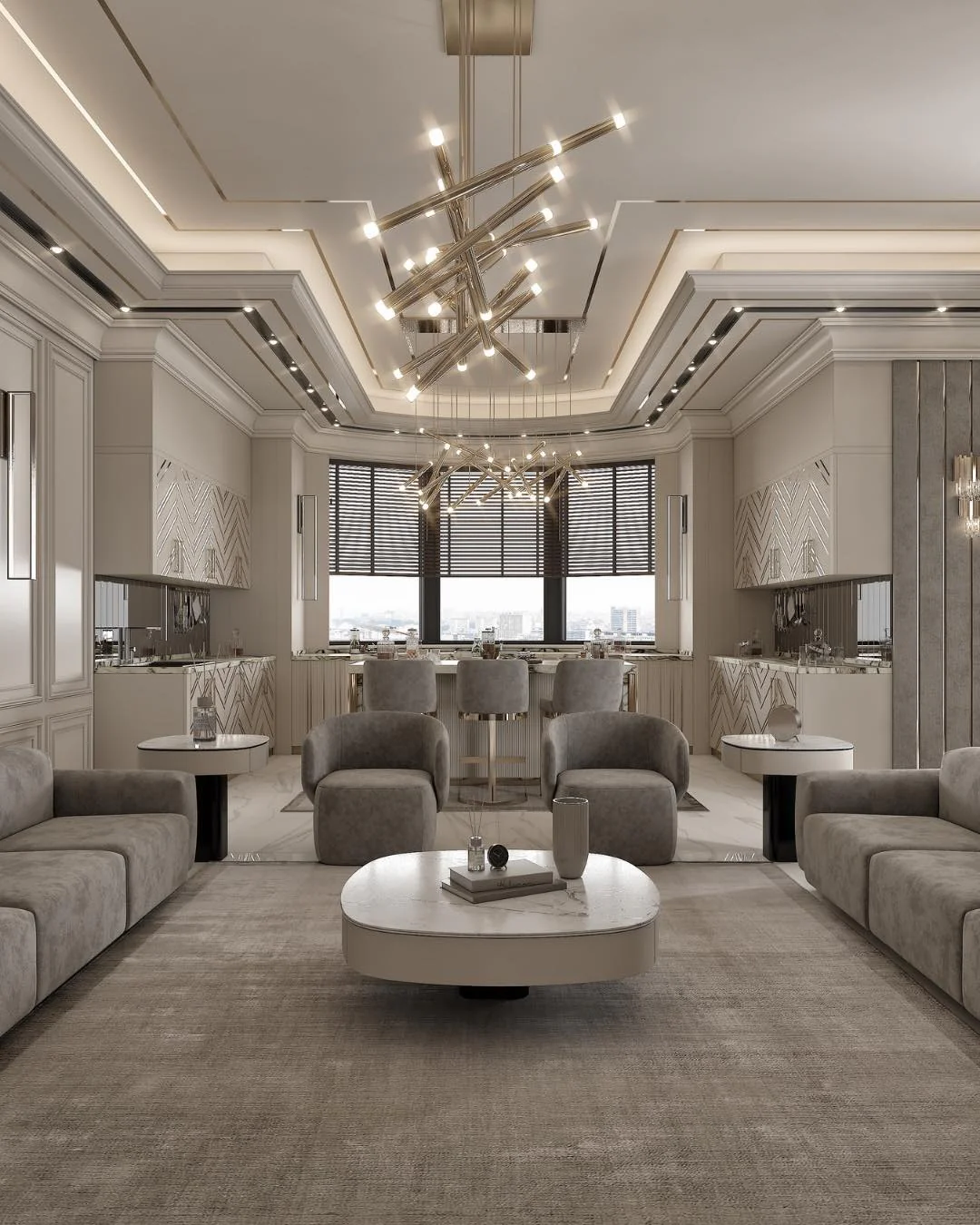 Neutral Layers Enhanced by Striking Illumination (Open Kitchen Living Room Ideas)