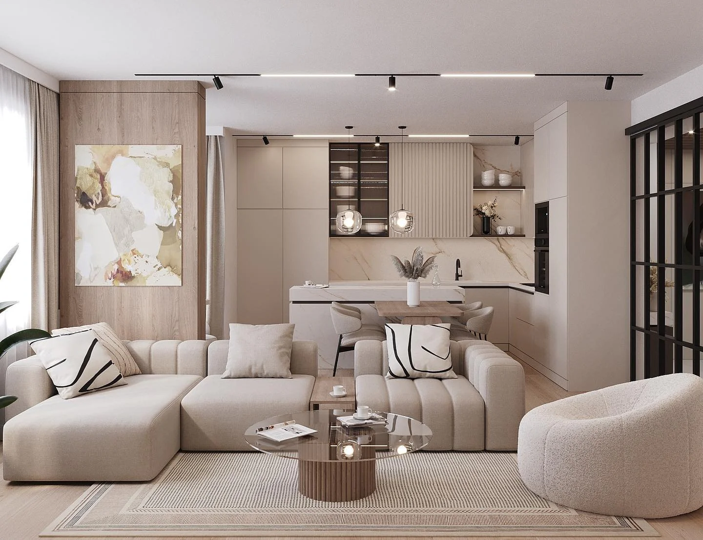 Harmonious Neutrals with Gentle Contrasts (Open Kitchen Living Room Ideas)