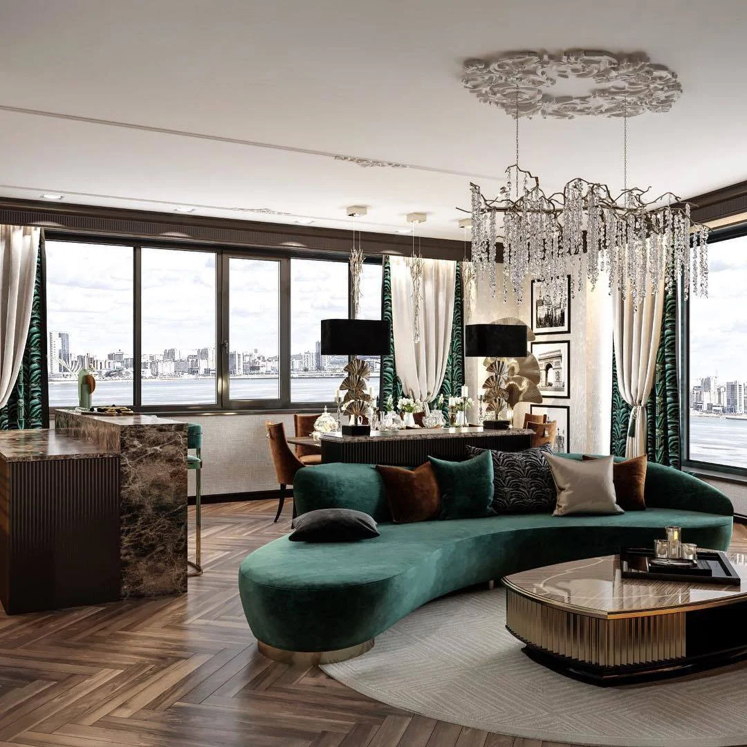 Glamorous Art Deco with Emerald and Brass Accents (Open Kitchen Living Room Ideas)