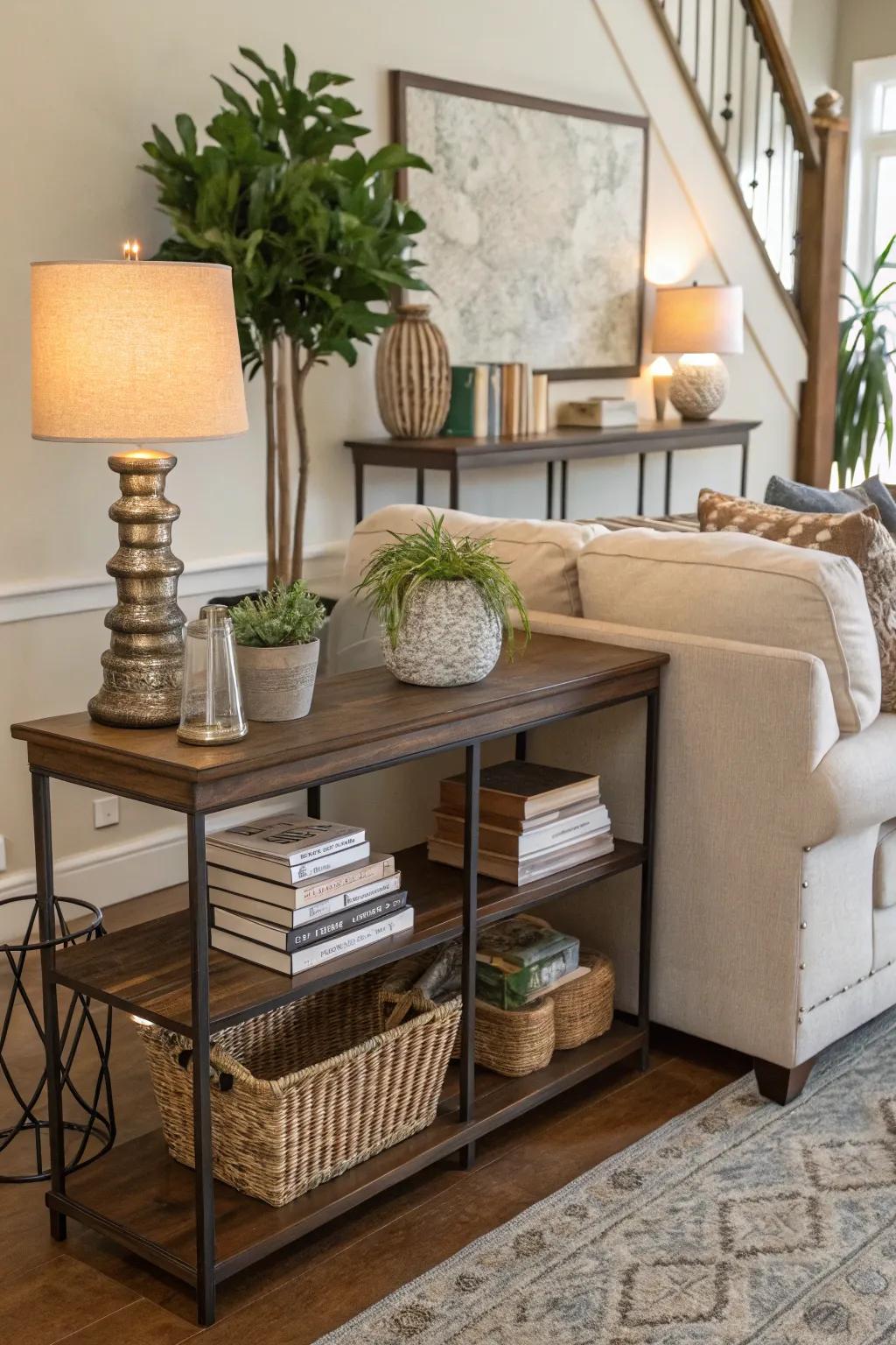 A console table adds both function and flair behind a sofa.