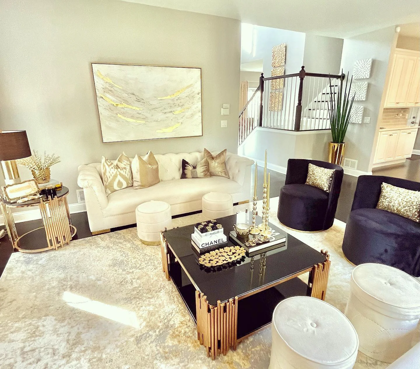 Beige and Black Living Room with Gold Accents