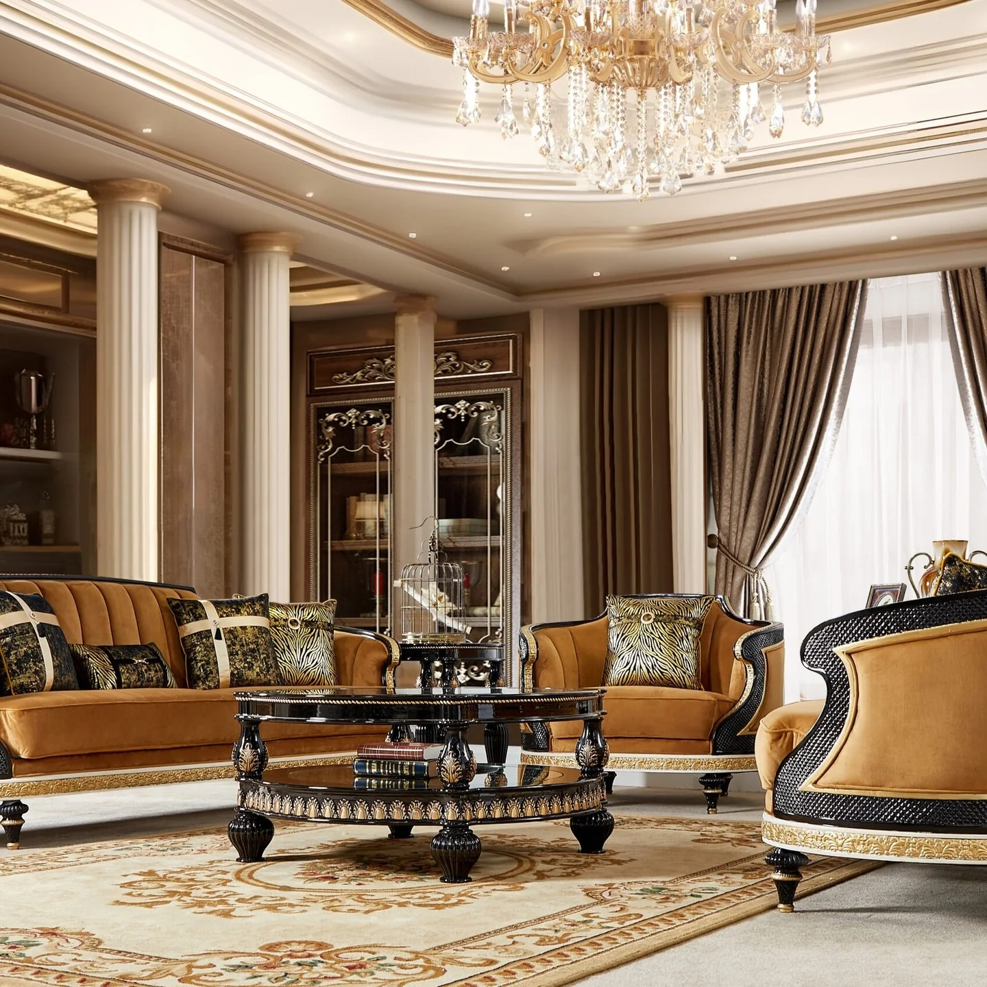 Regal Living Room with Amber Velvet and Gold Detailing