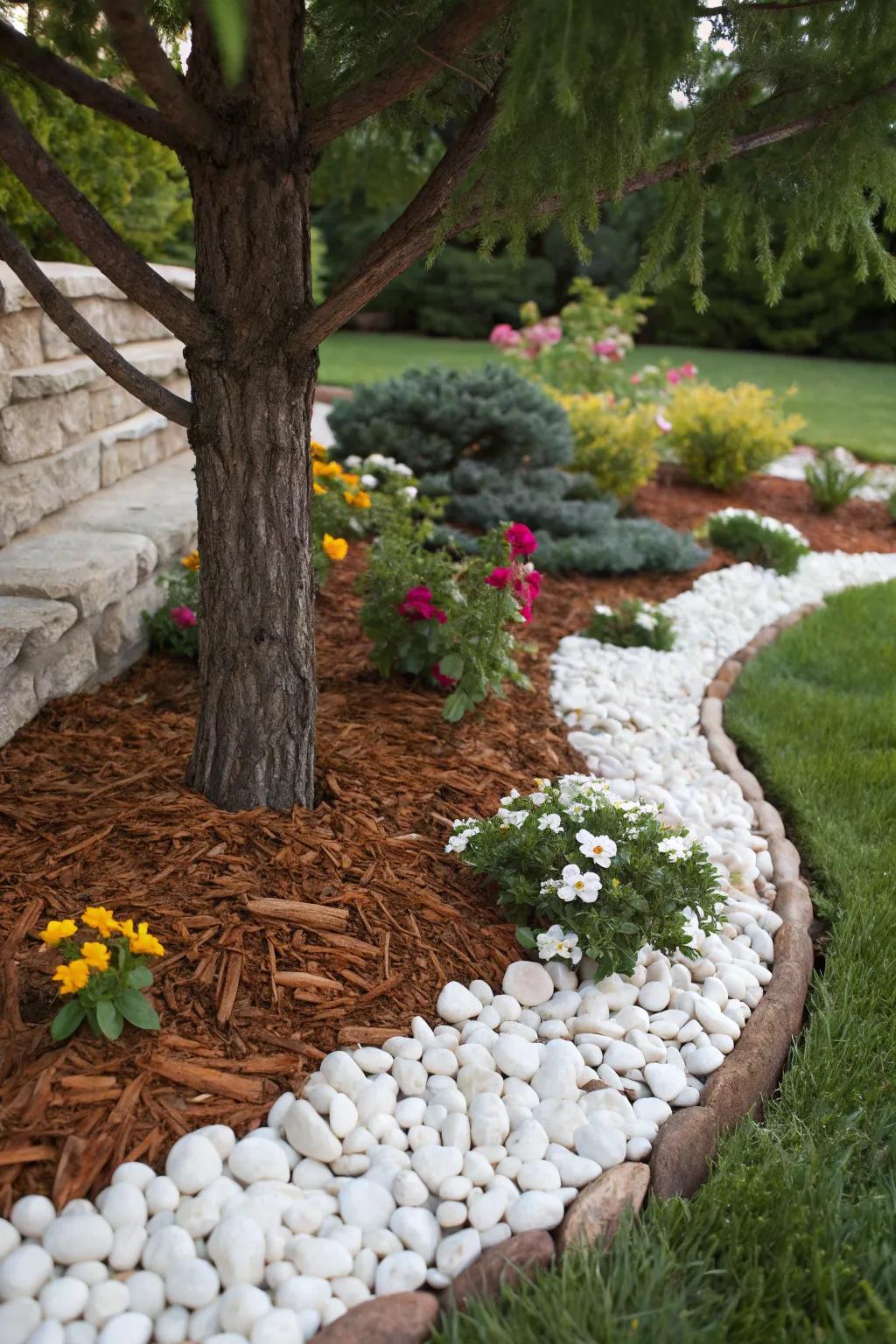 Mulch and pebbles create a textured and visually appealing tree bed.