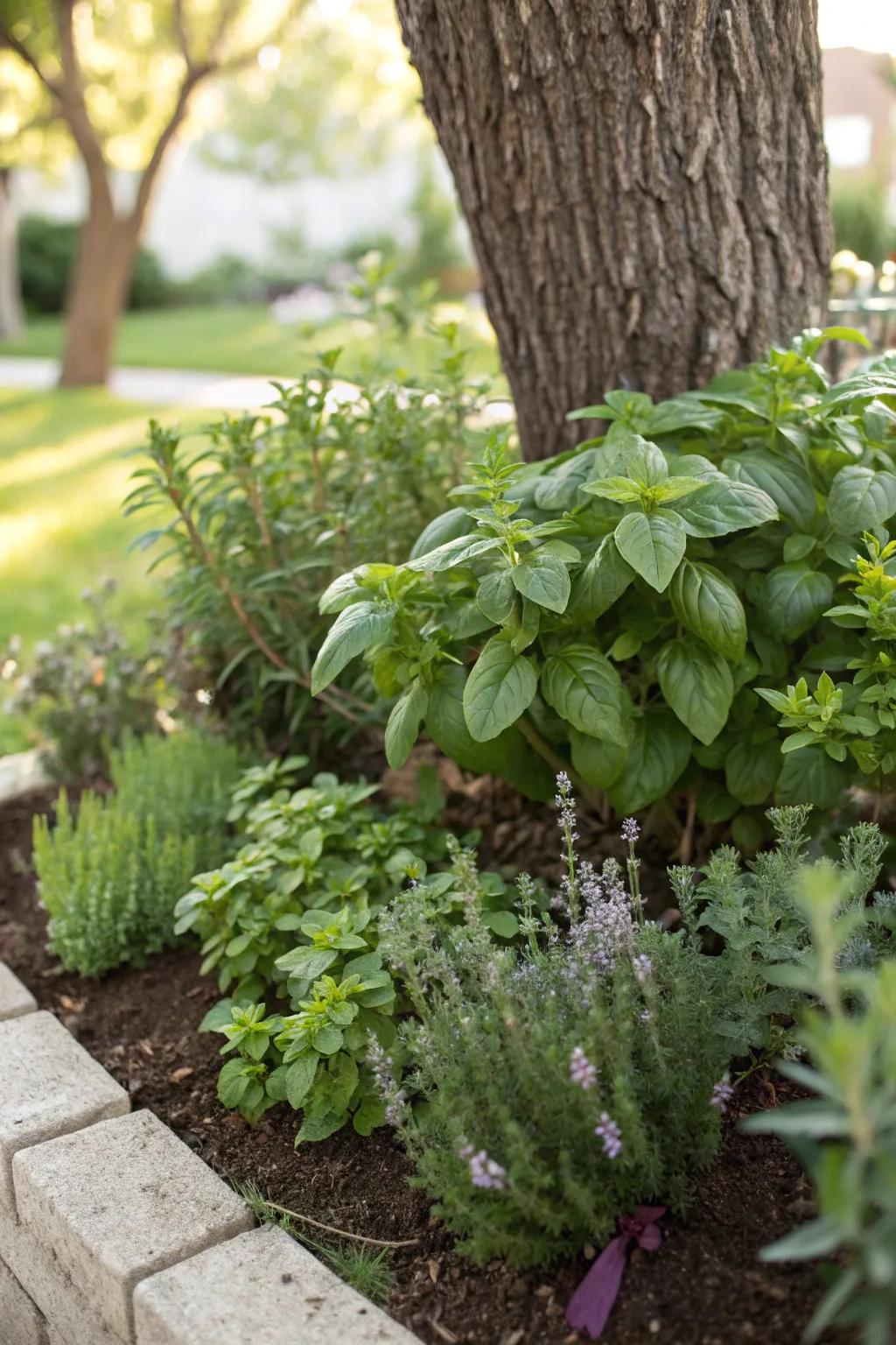 A mini herb garden adds fragrance and functionality.