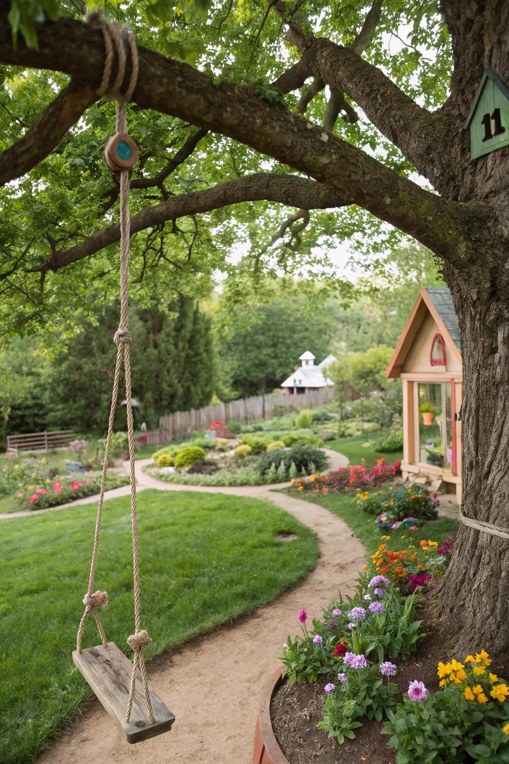 Playful elements like swings add fun and charm to your garden.