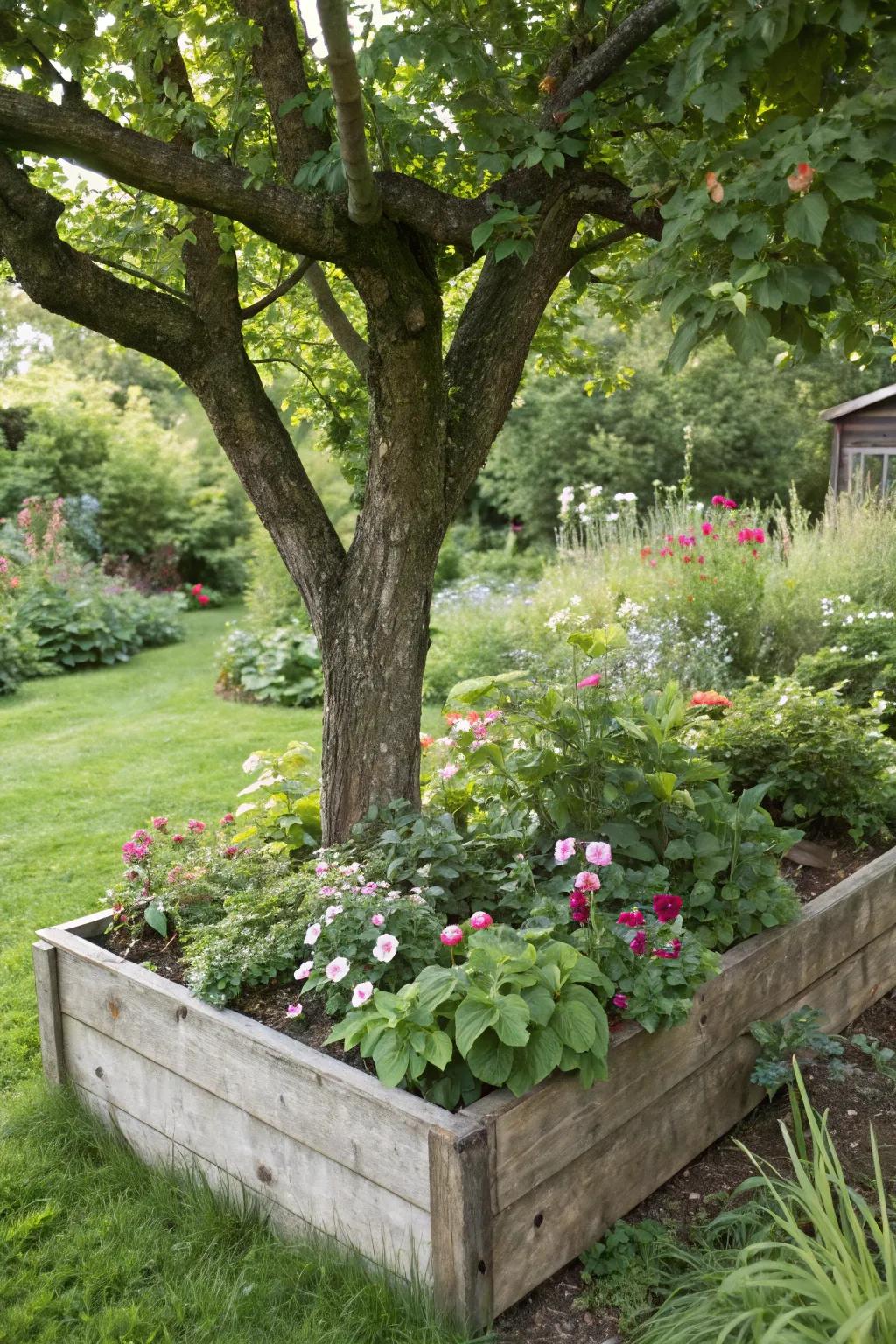 Raised beds offer a structured look and protect tree roots.