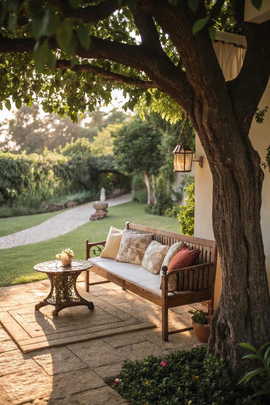 Create a cozy nook with seating under your tree.