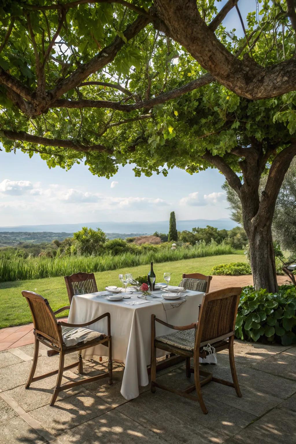 An outdoor dining area offers a magical al fresco experience.