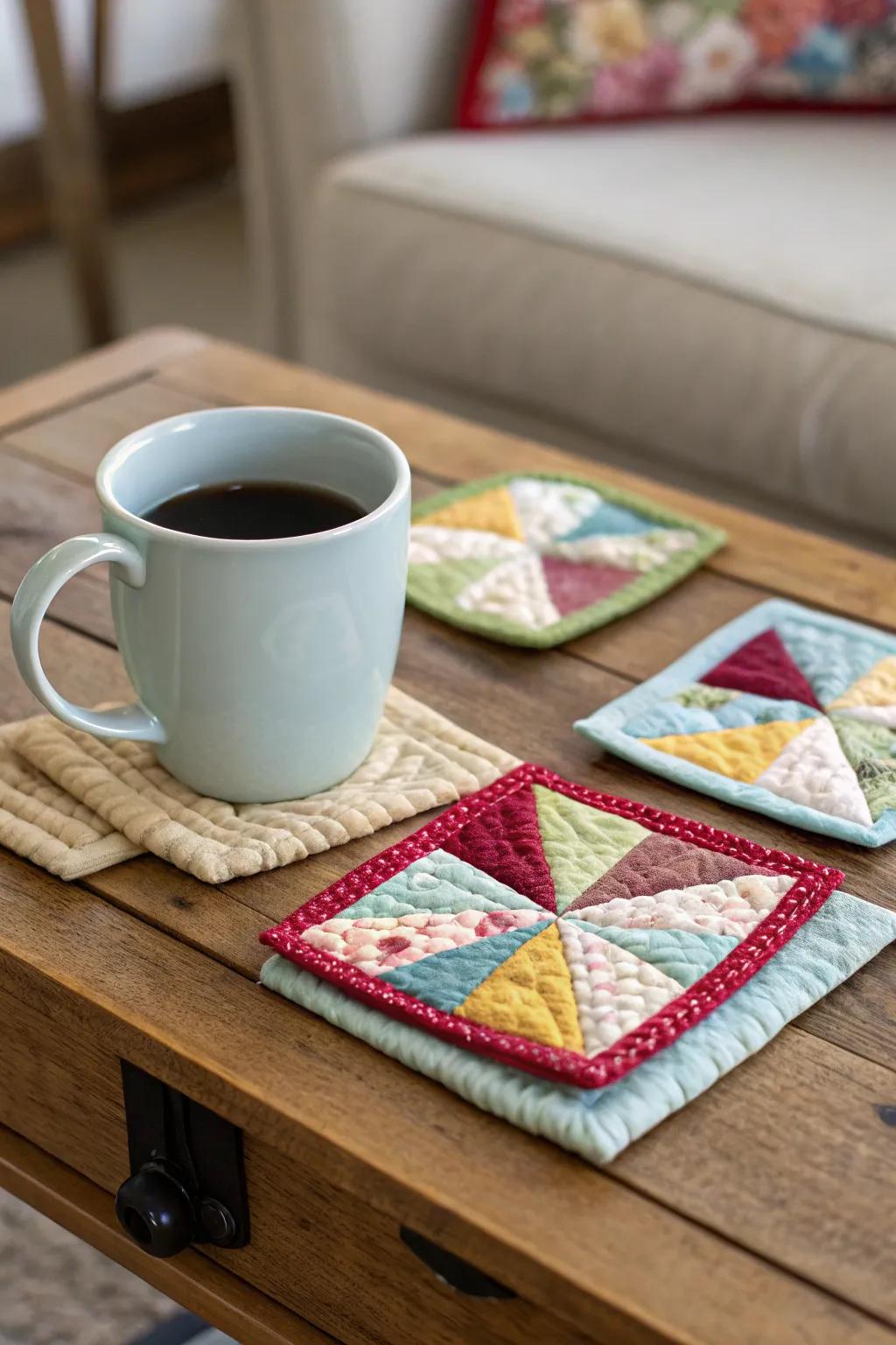Handmade quilted coasters in earthy tones, adding warmth to any setting.