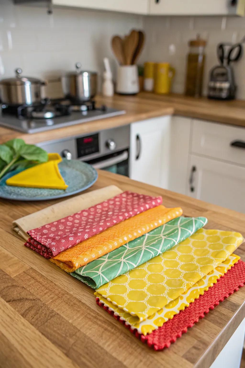 Eco-friendly beeswax wraps in cheerful patterns, ideal for sustainable living.