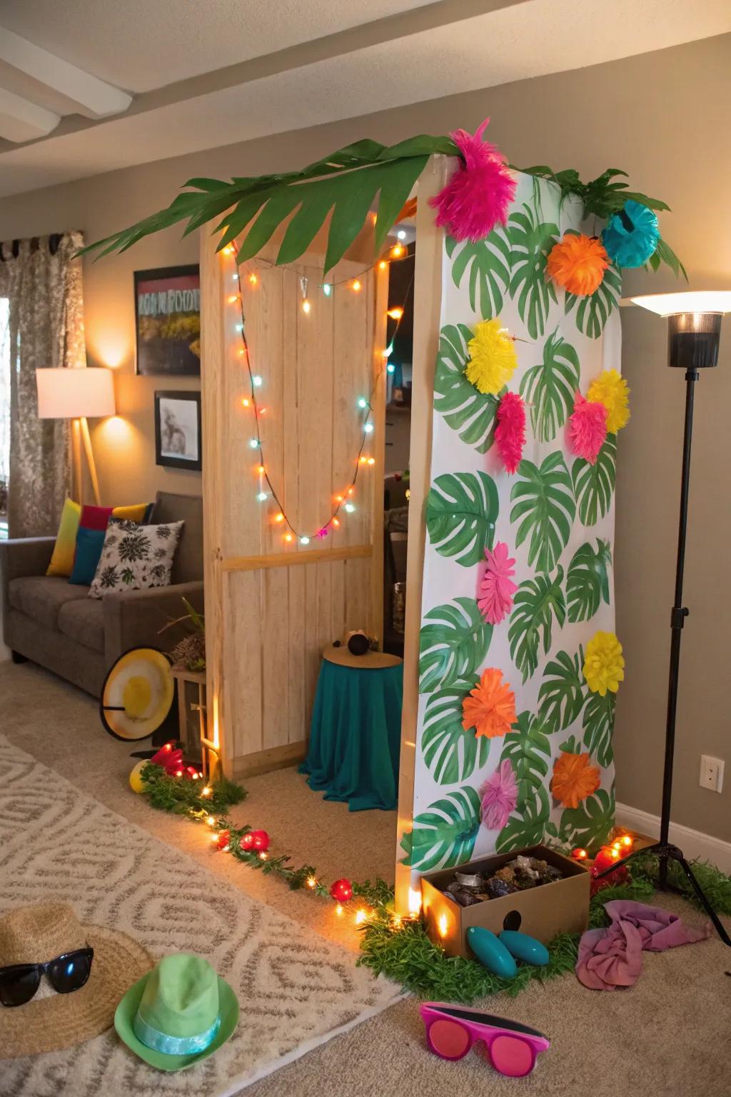 A DIY tropical photo booth adds fun to any gathering.