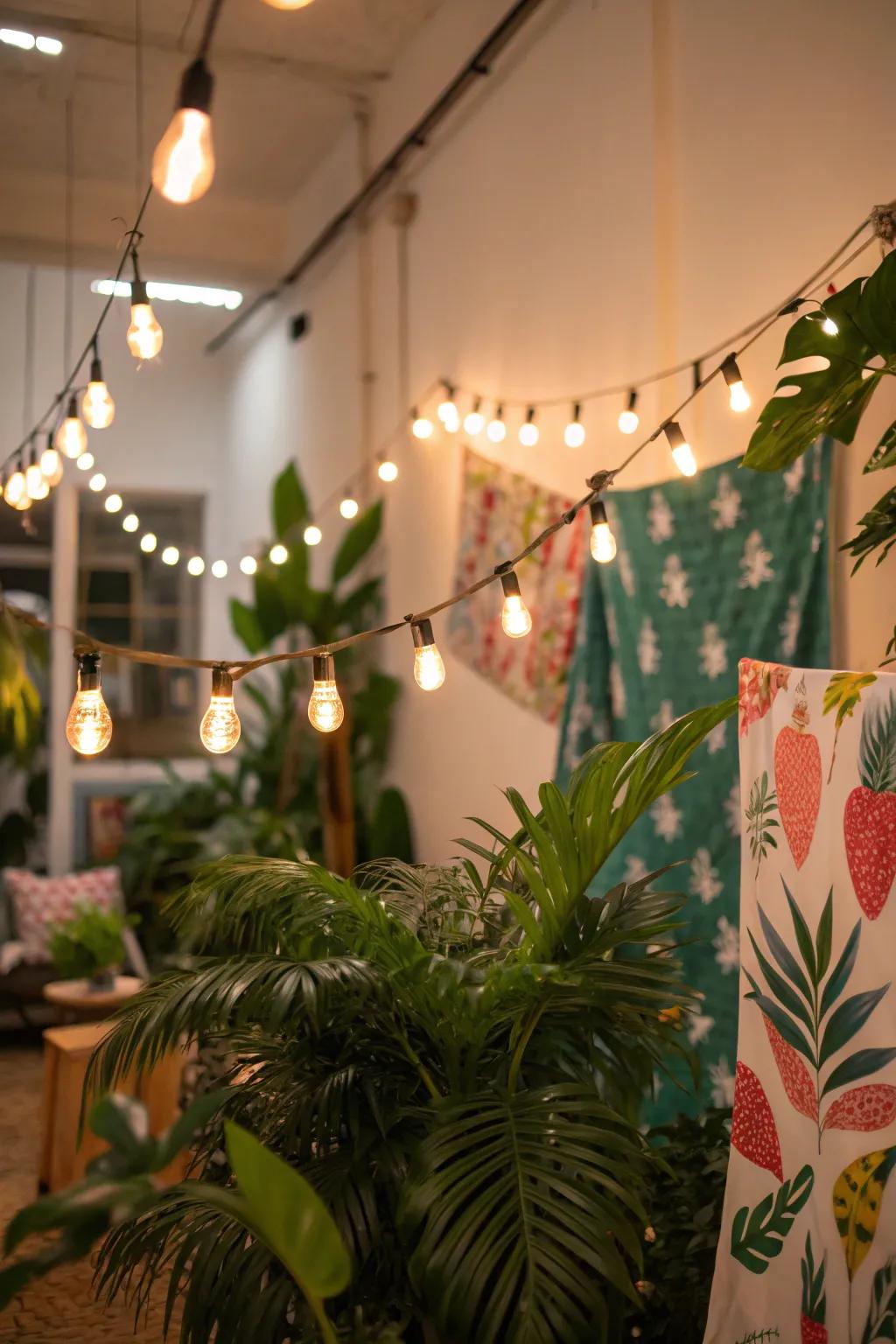 Tropical string lights set a festive mood.
