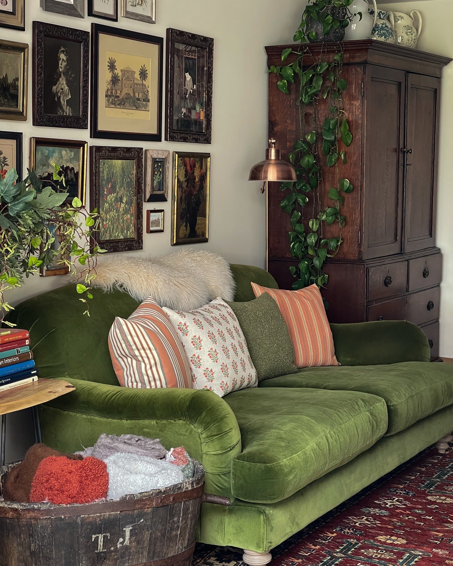 Rich Vintage Greens with Classic Gallery Style (Gallery Wall Living Room Ideas)