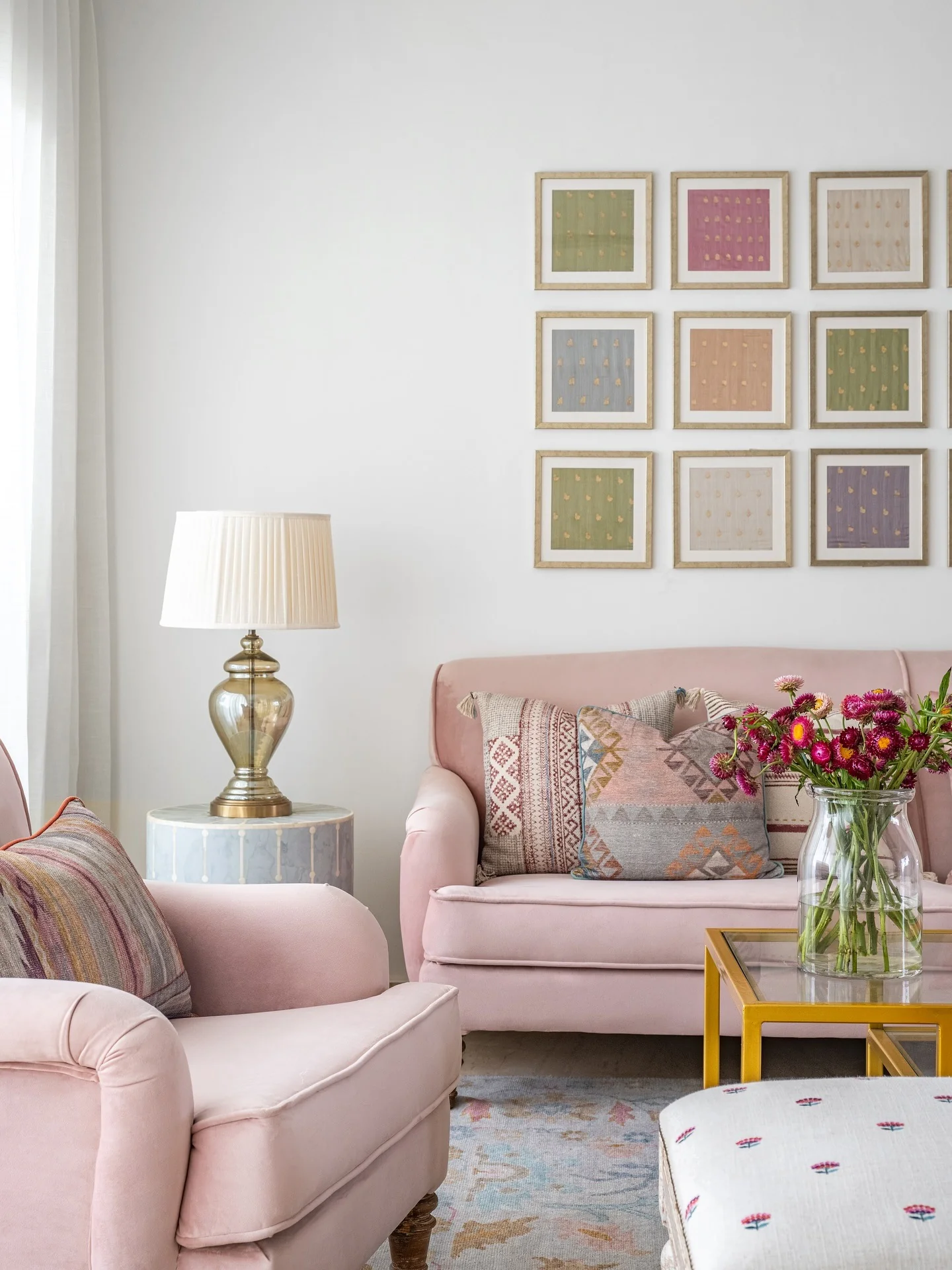 Pastel Geometry with Balanced Symmetry (Gallery Wall Living Room Ideas)