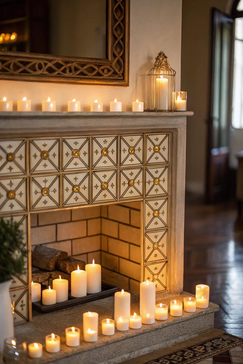 Modern geometric candle arrangements for fireplace decor.