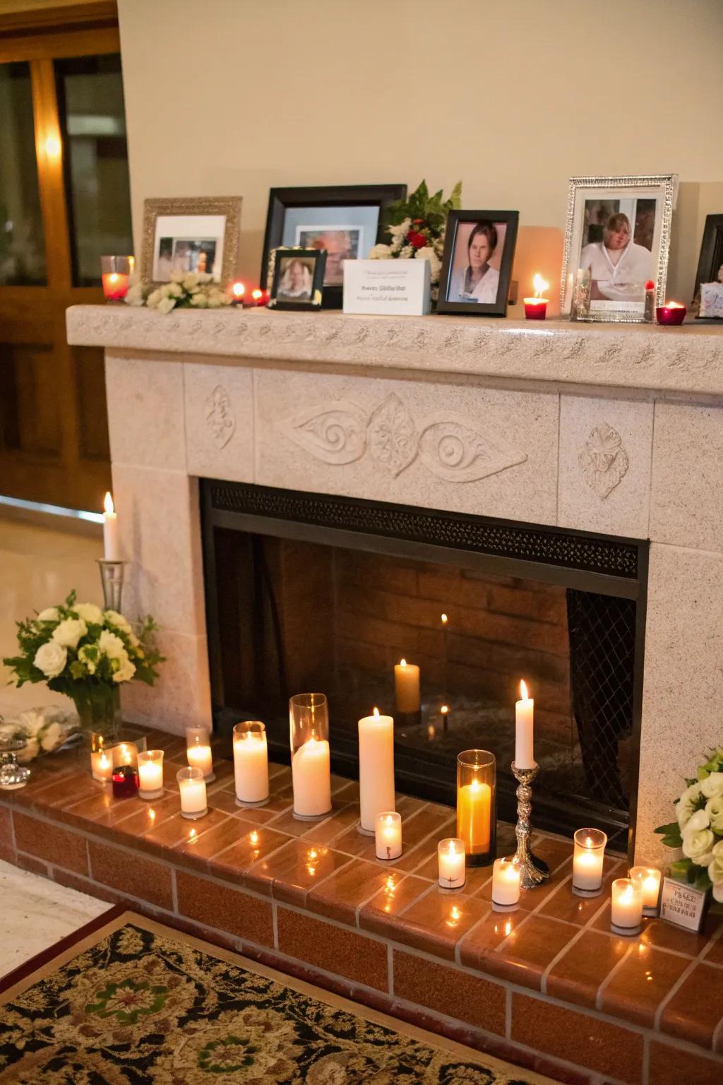 Fireplace altar with candles and meaningful decor.