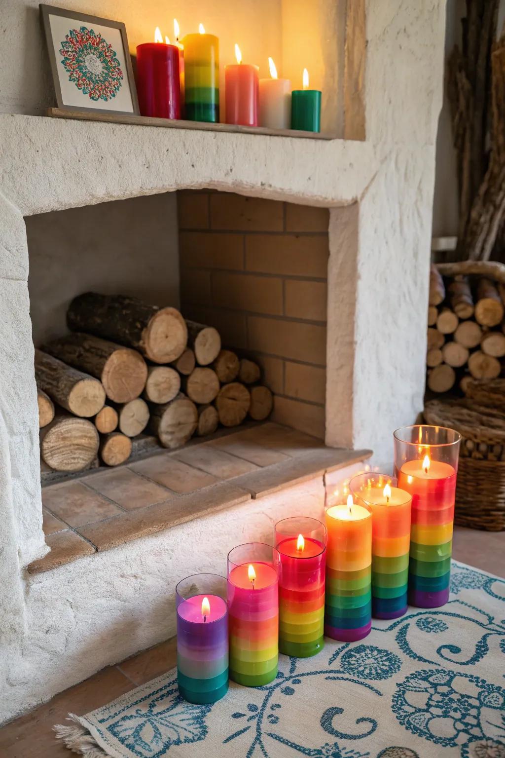 Bright and colorful candles for a lively fireplace.
