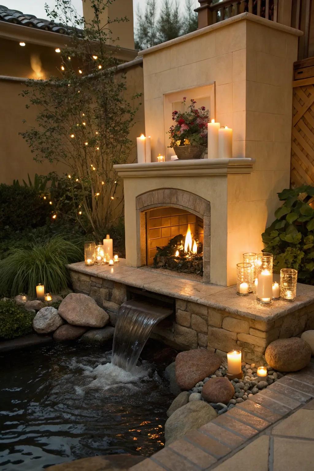 Candles paired with water features for a calming effect.