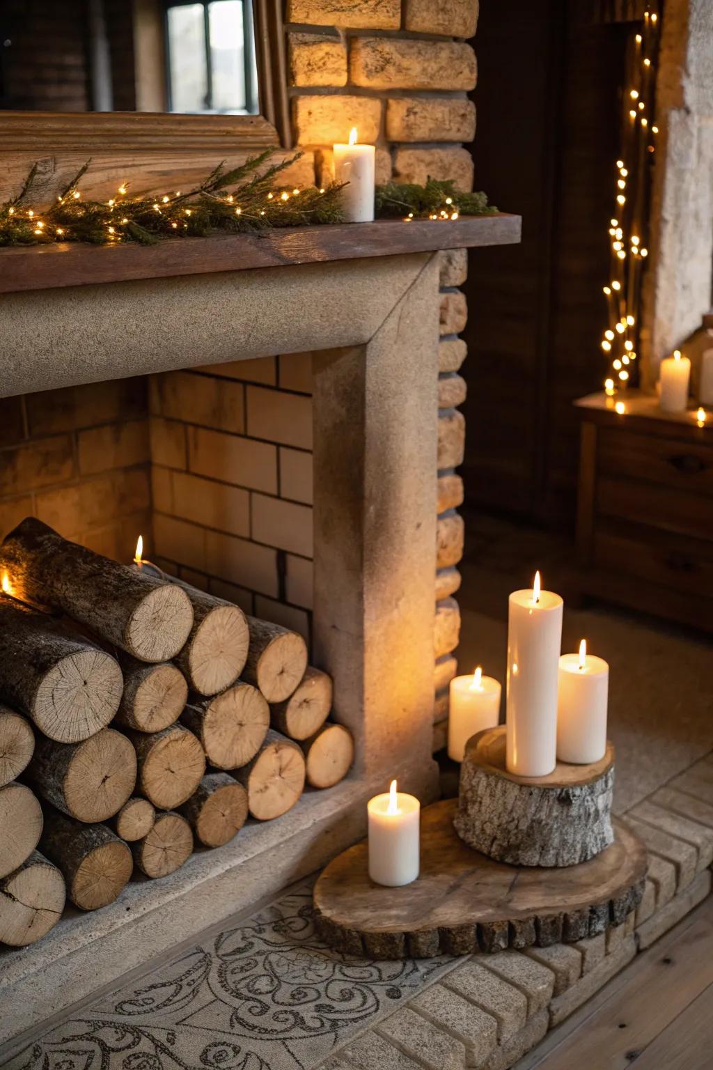 Candles paired with wooden accents for rustic appeal.