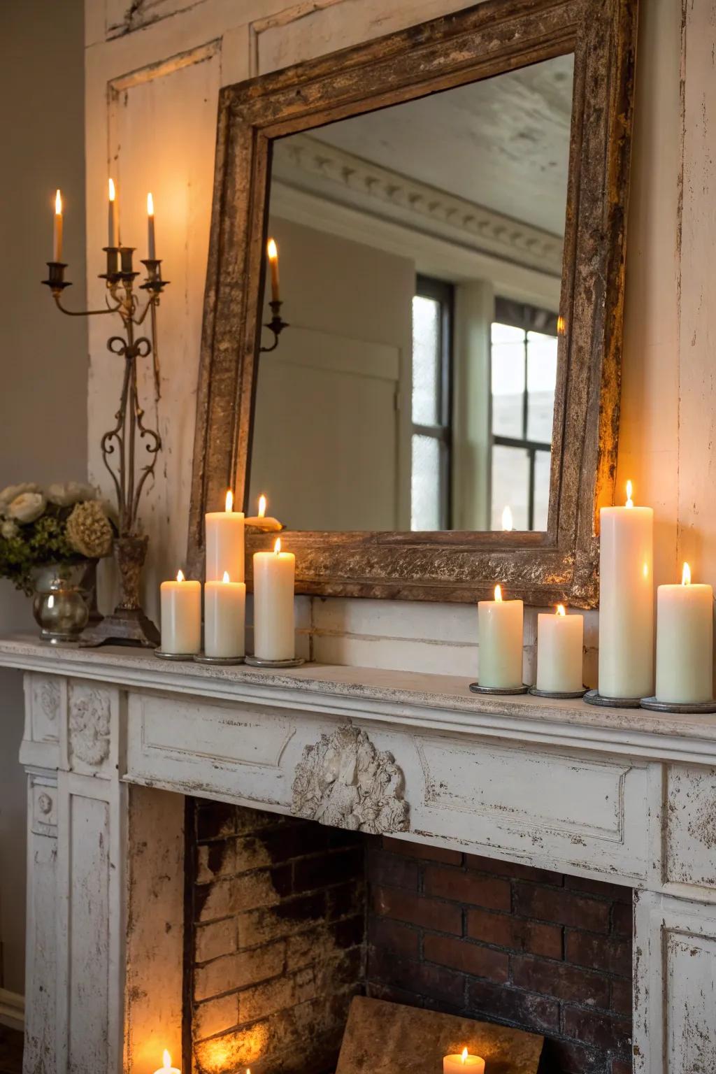 Distressed mirrors paired with candles for vintage style.