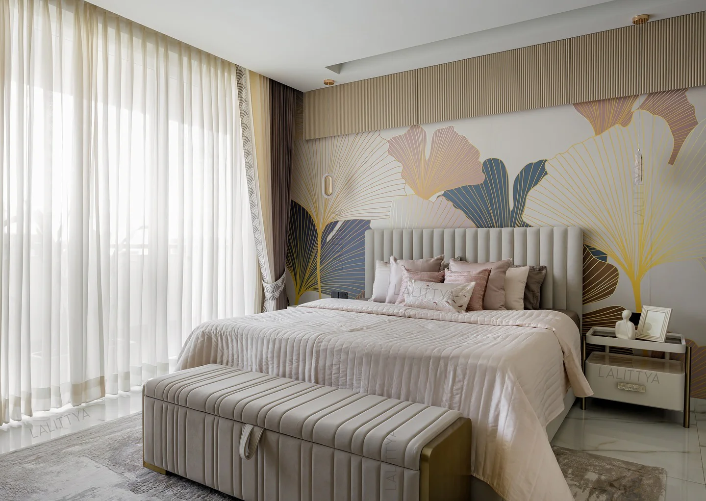 Modern Glamour with Botanical Wall Accents in Pink and Gray Bedroom