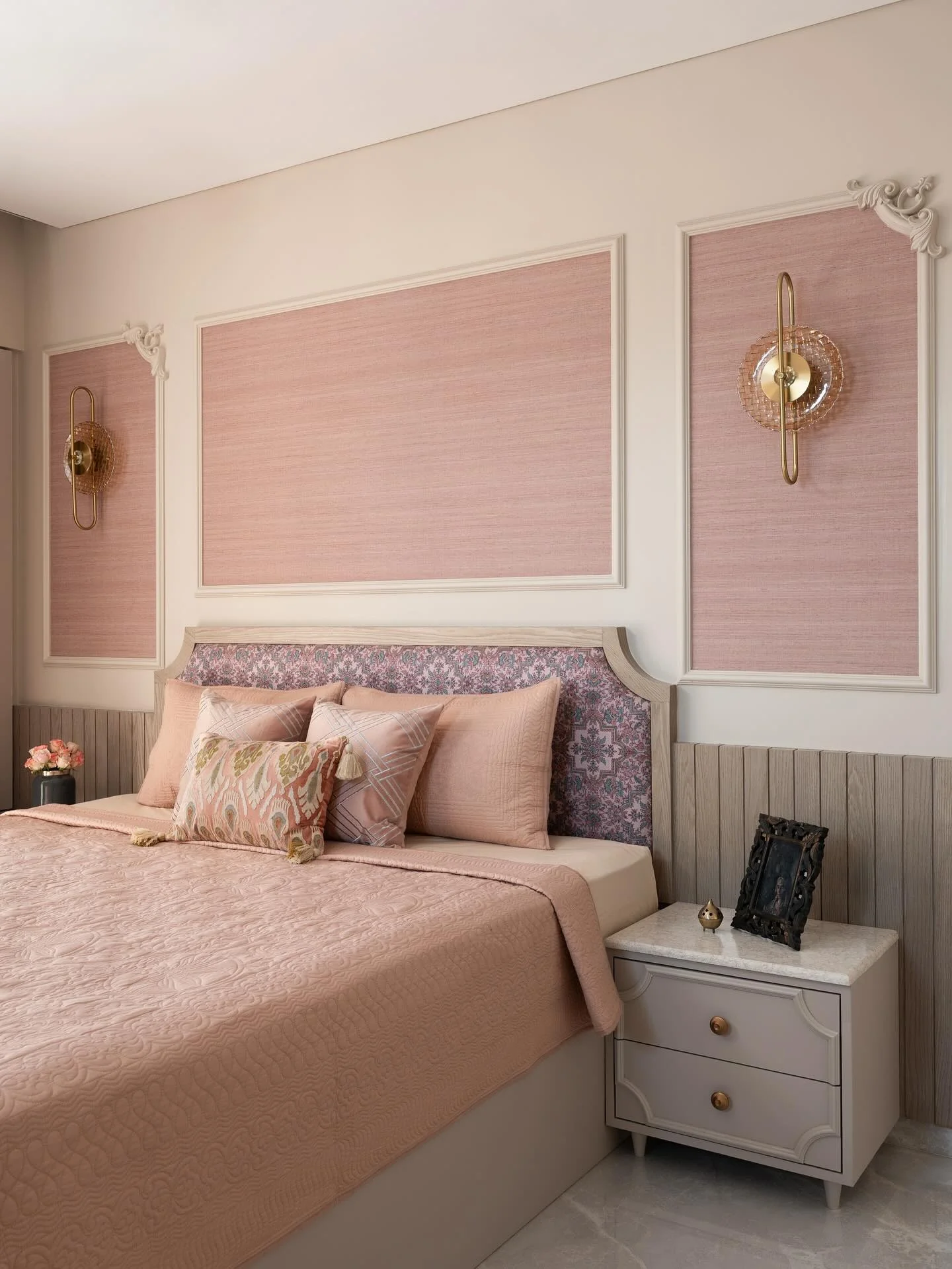 Classic Paneling with Dusty Rose Accents in Bedroom