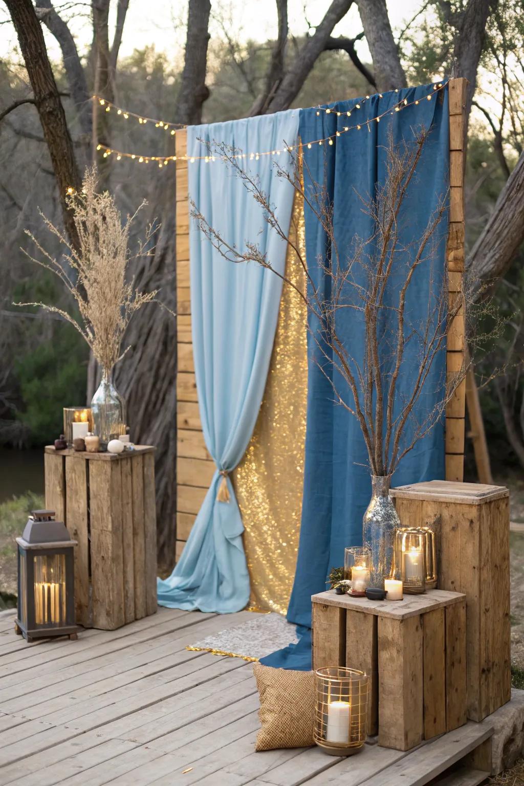 Add warmth with a rustic blue and gold design.