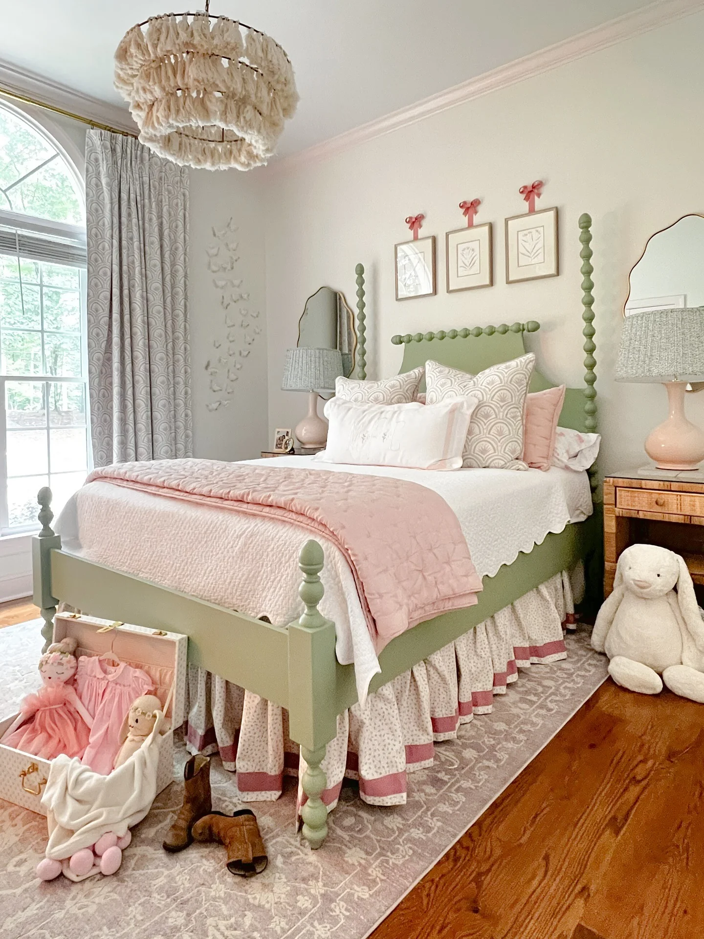 Whimsical Traditional Bedroom with Sage and Soft Pink