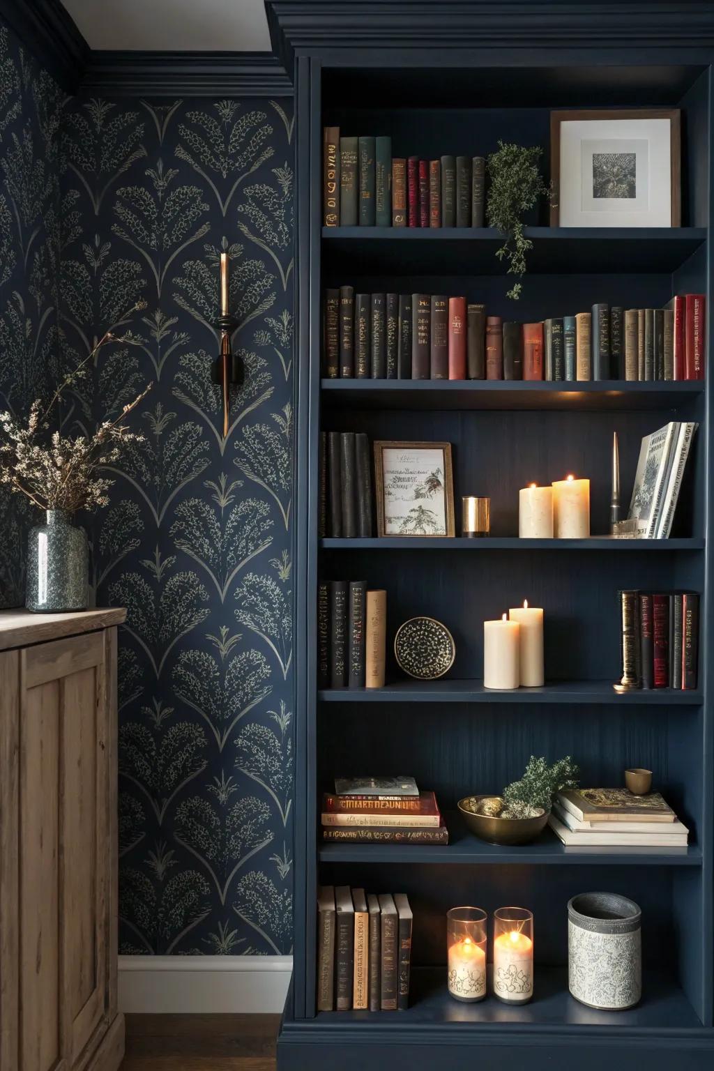 Bookshelf with dark navy wallpaper for a sophisticated, dramatic look.